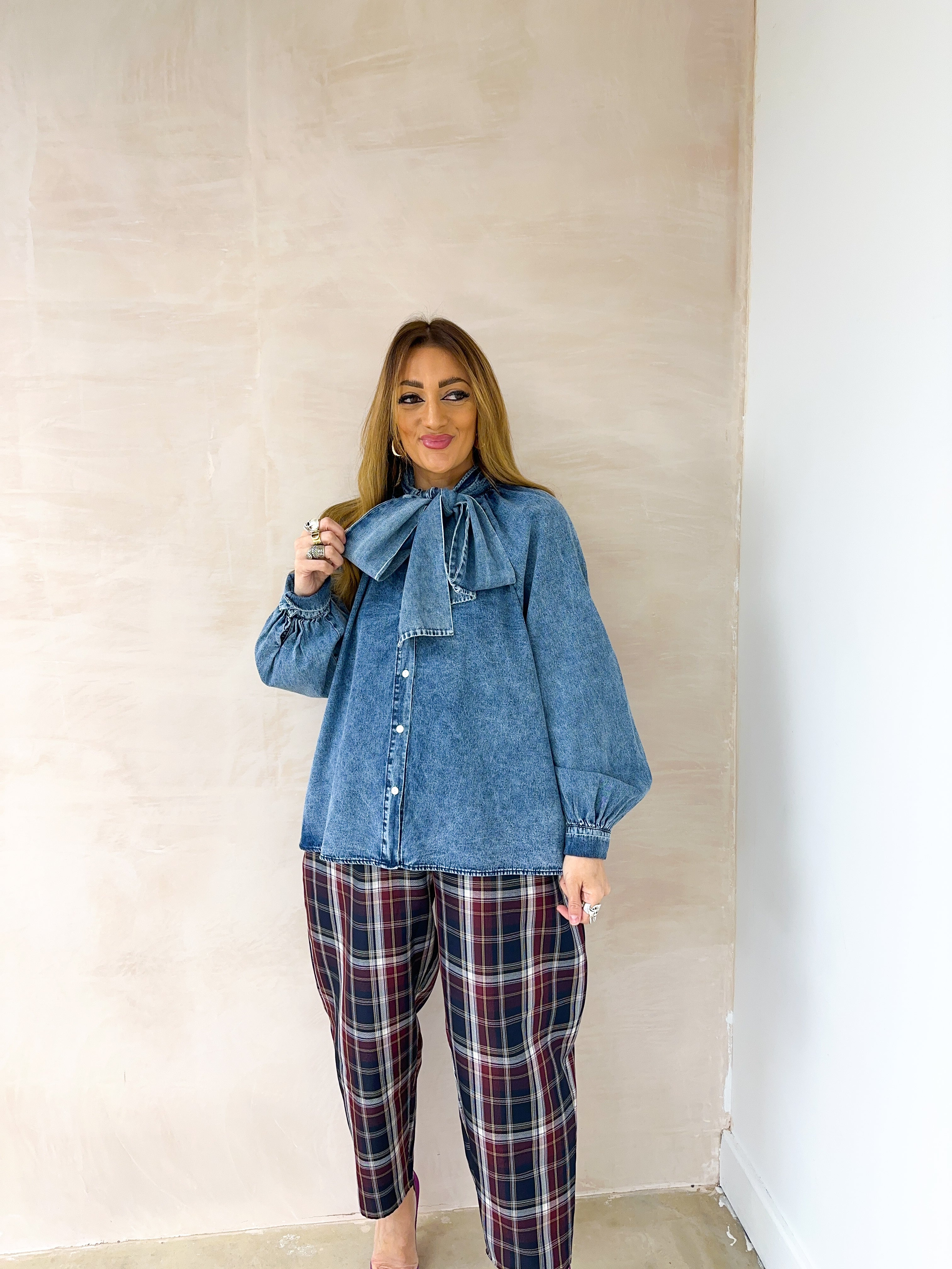 Bow Front Denim Shirt In Blue