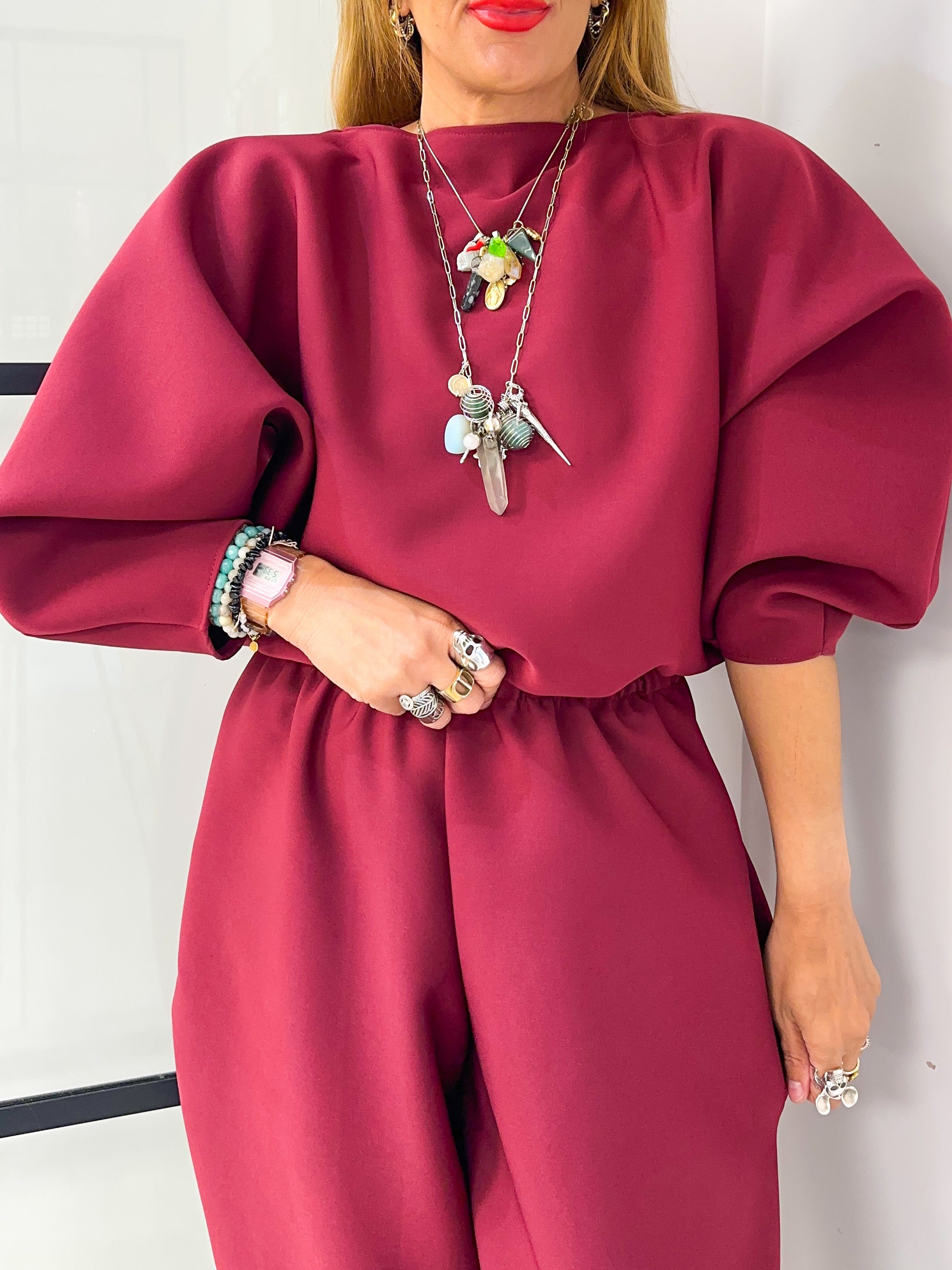 Puff Sleeve Scuba Jumper In Burgundy