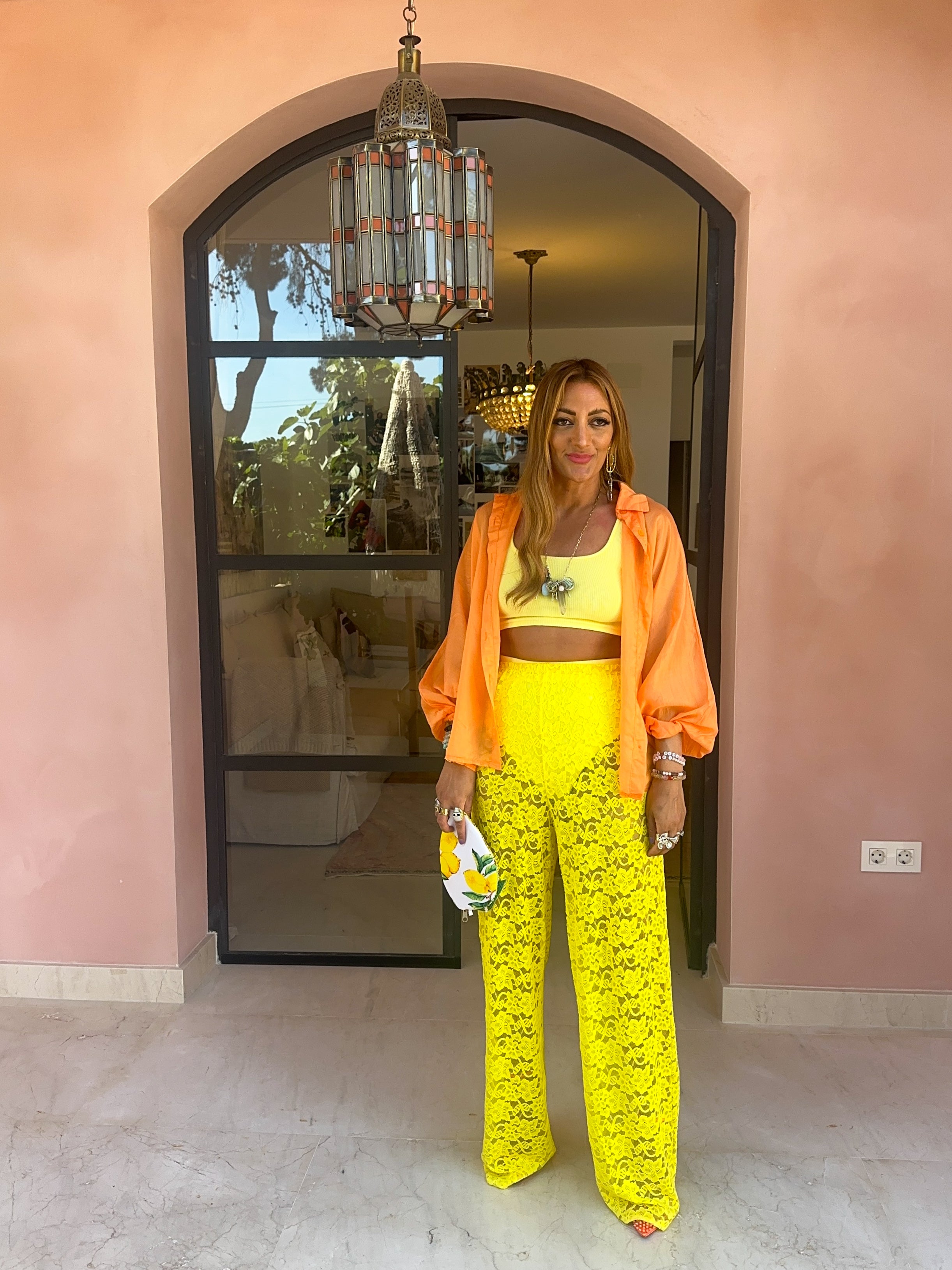 Wide Leg Lace Trousers In Yellow