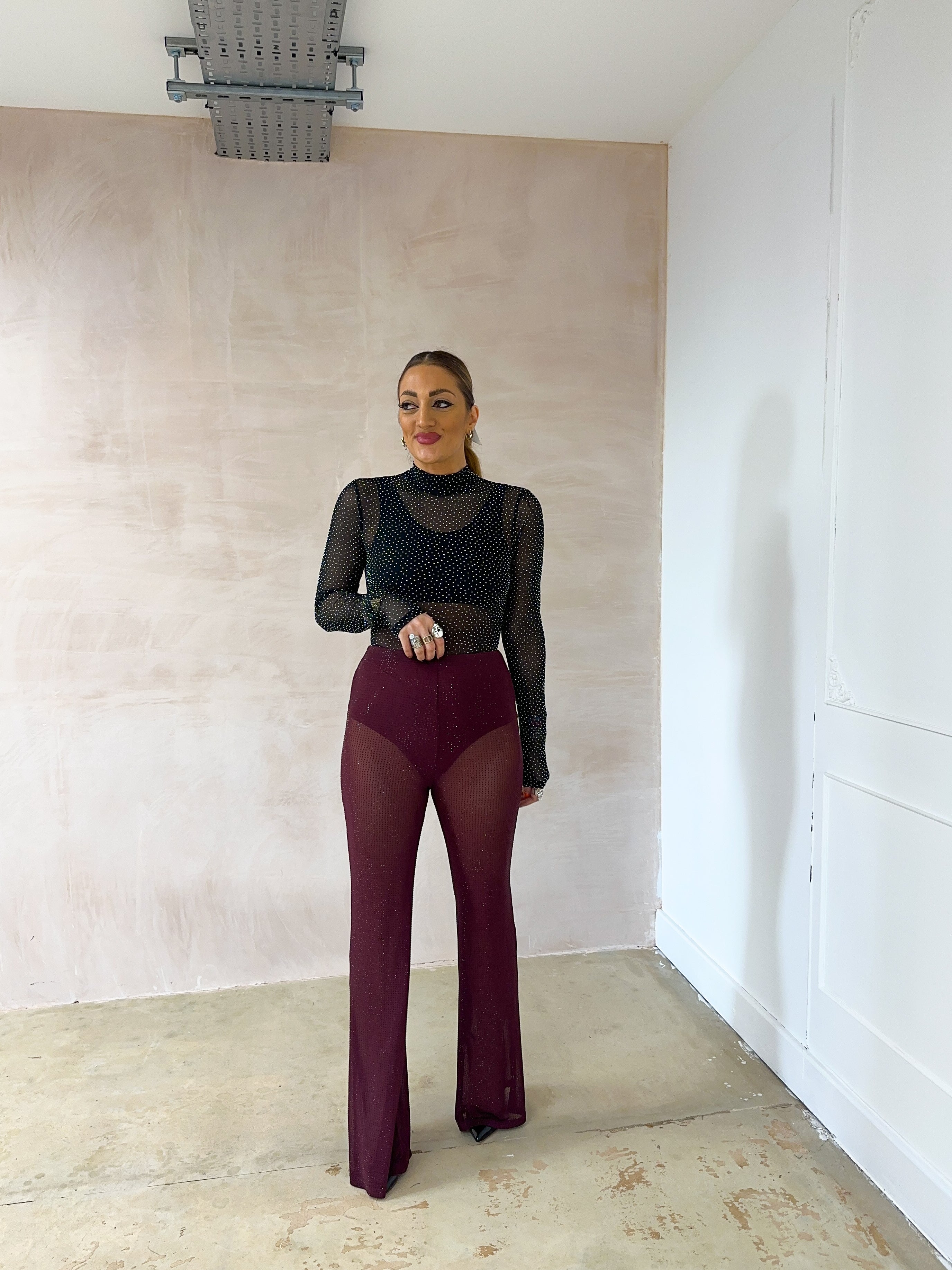 High Waisted Sheer Diamante Flares In Burgundy