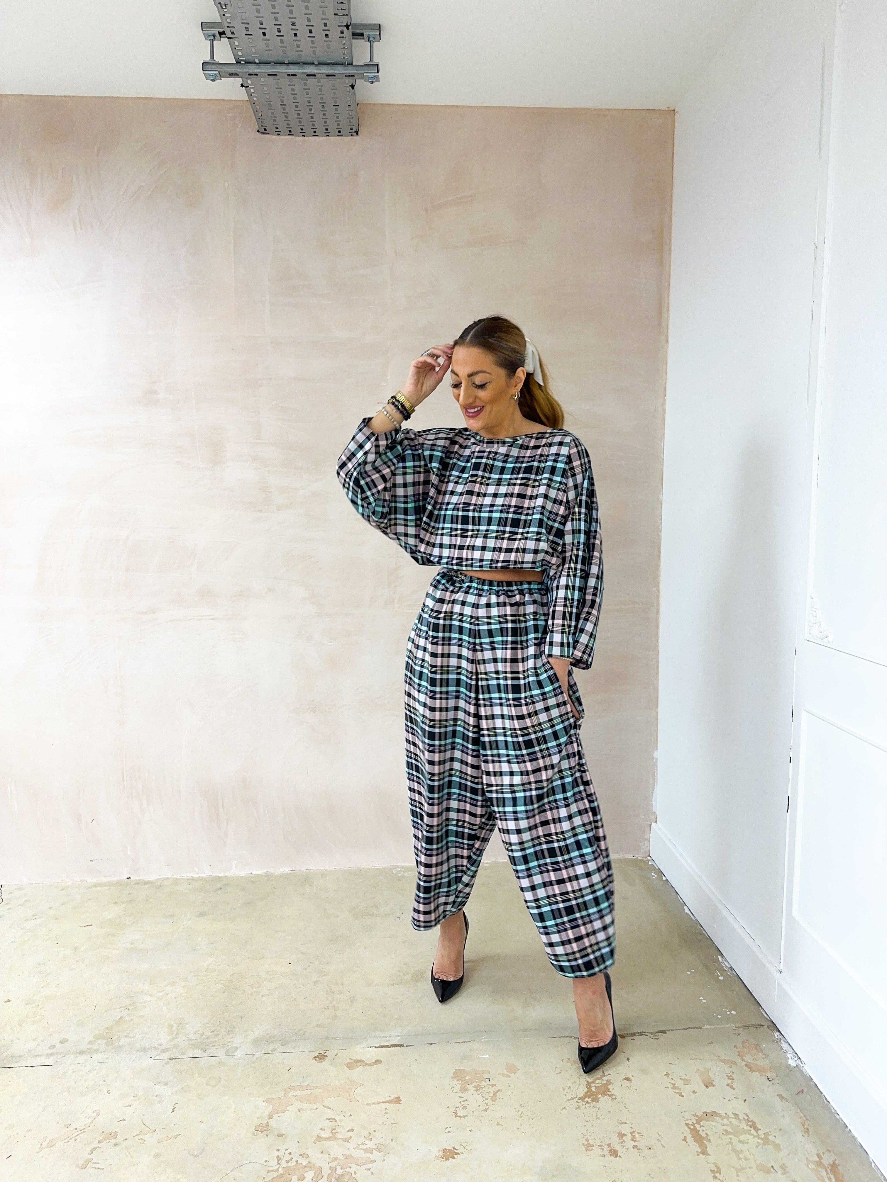 Muse Puff Sleeve Top In Colourful Pastel Tartan