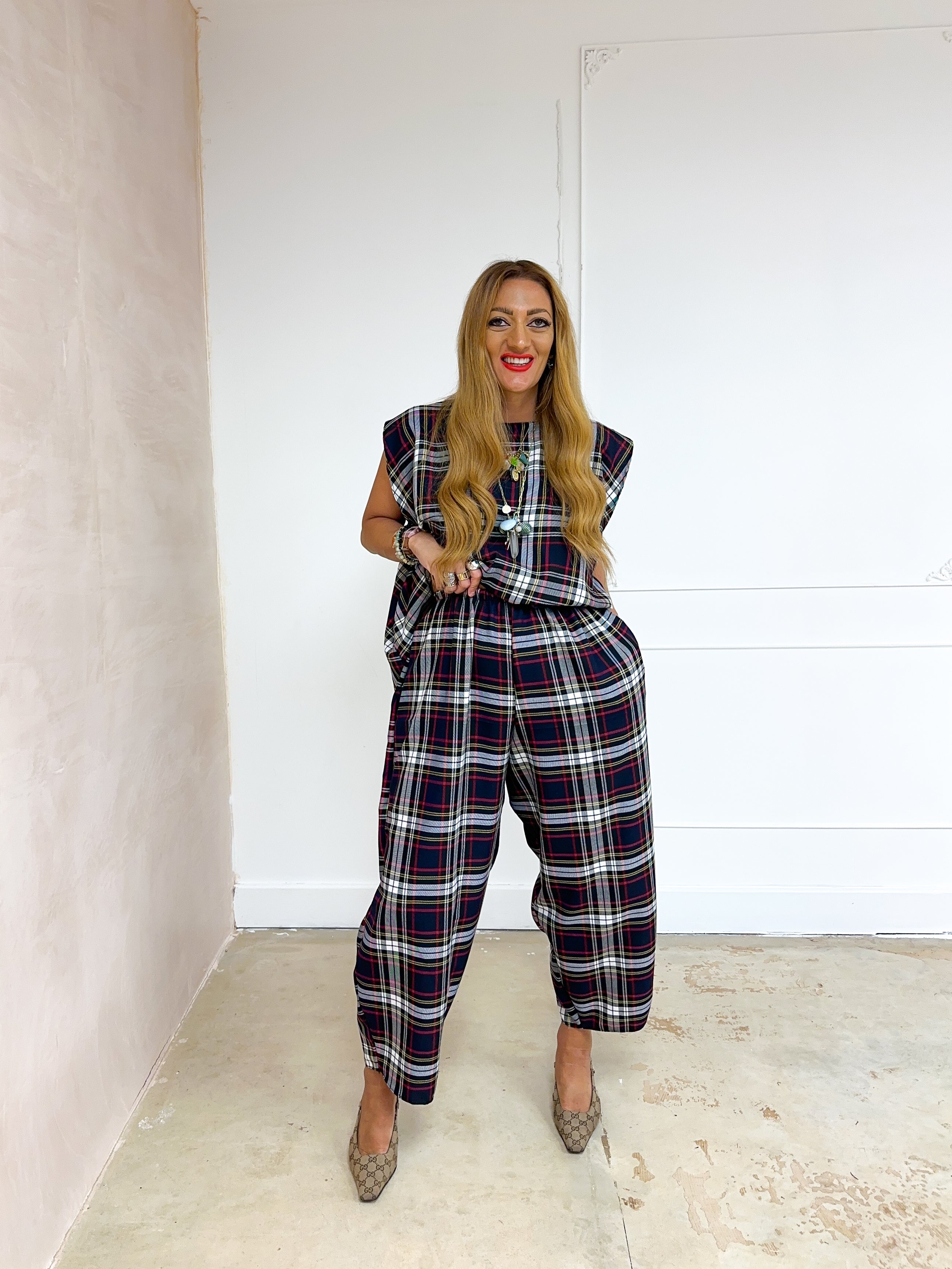 Muse Balloon Trousers In Navy Tartan