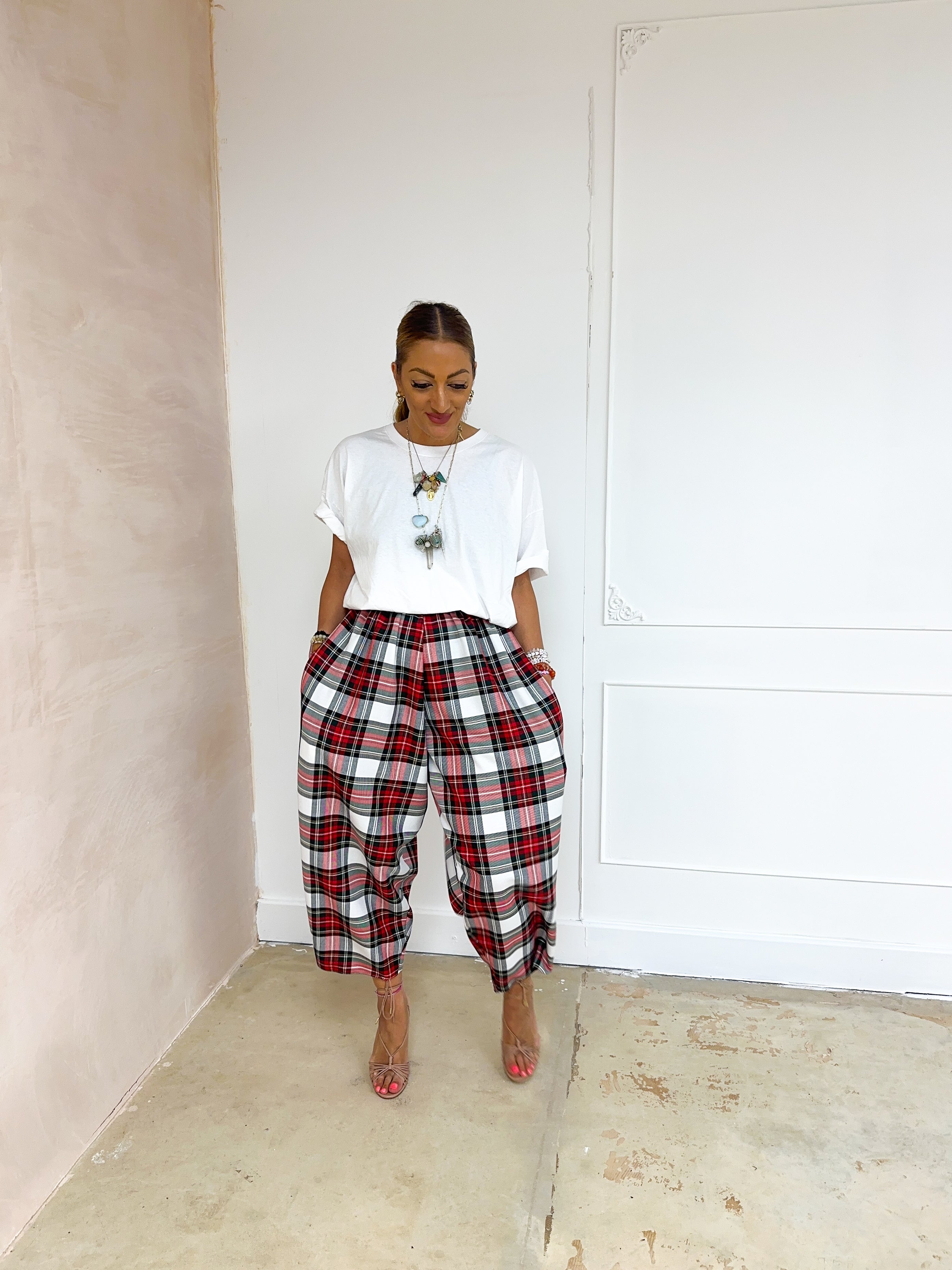Muse Balloon Trousers In Red/White Tartan