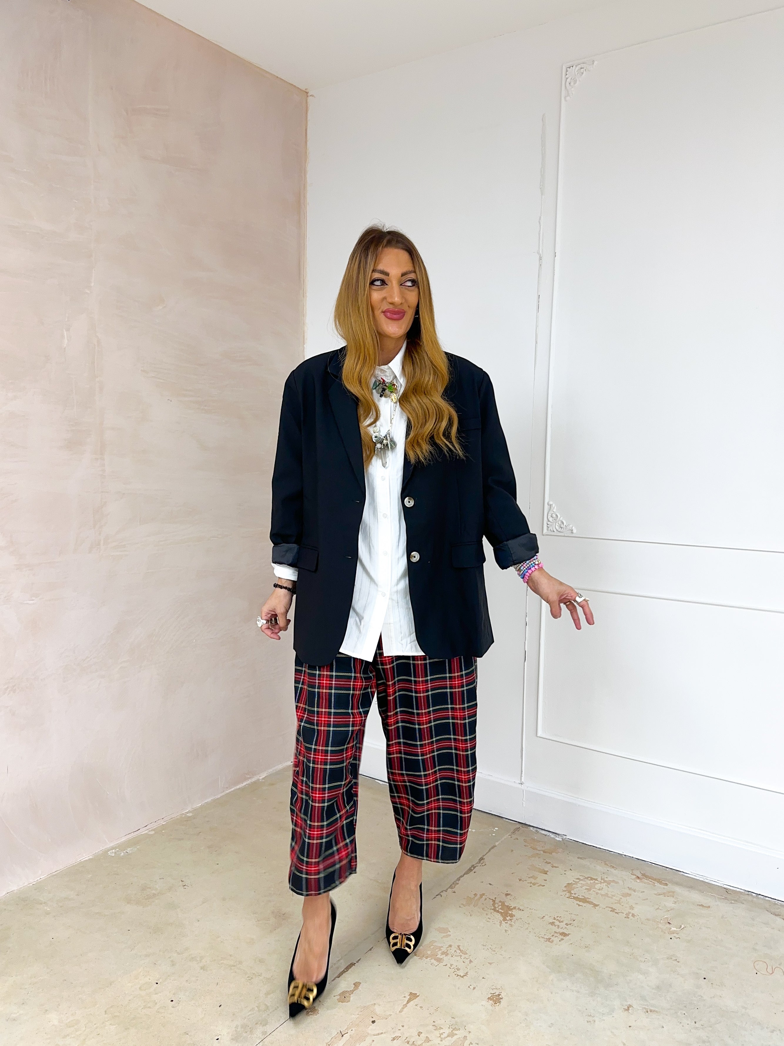 Muse Balloon Trousers In Navy/Red Traditional Tartan