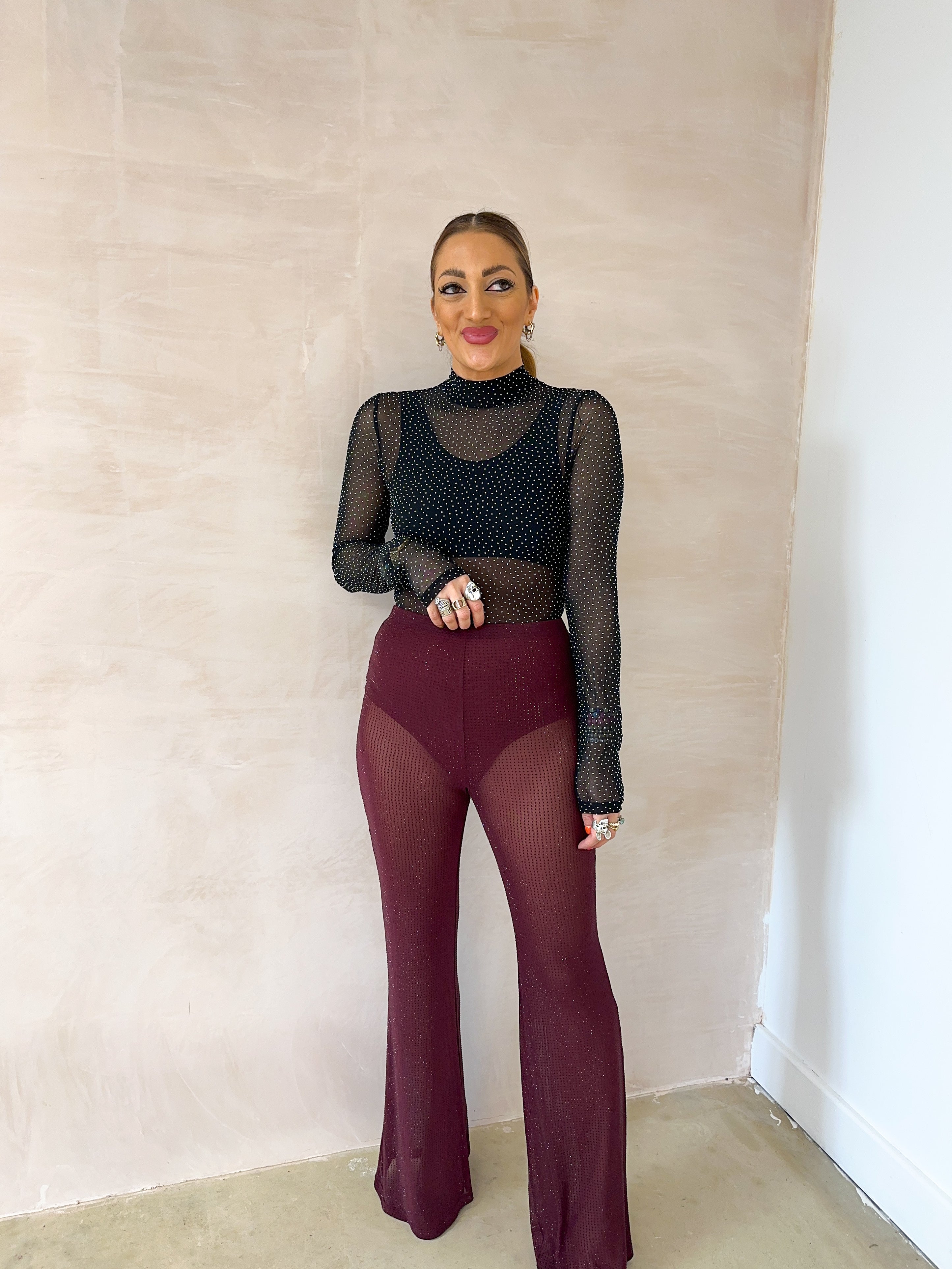 Scattered Rhinestone Mesh Bodysuit In Black