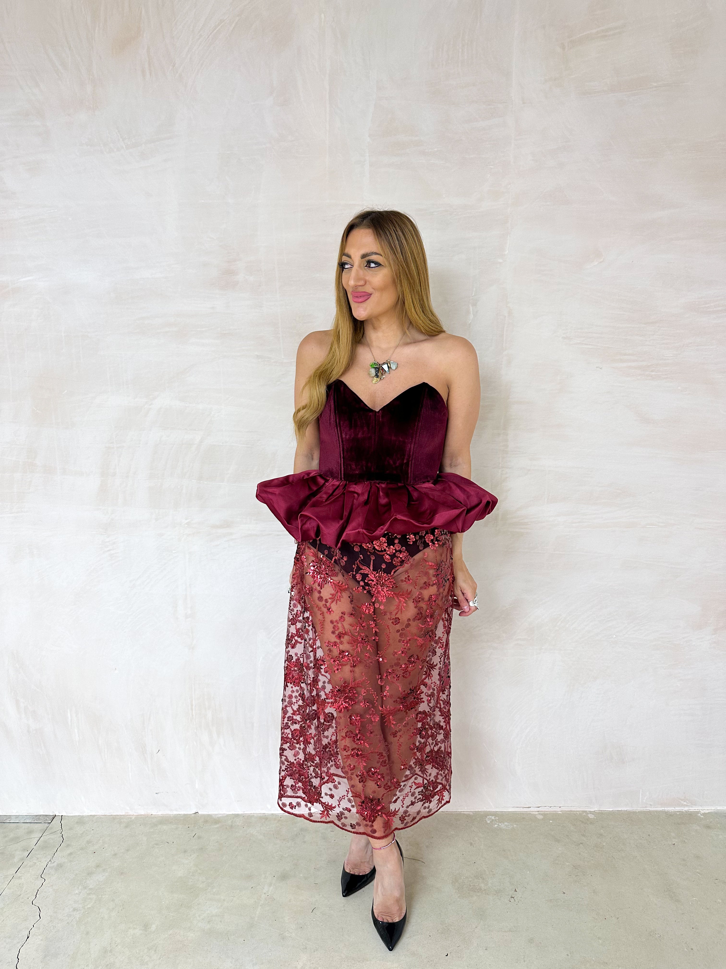 Velvet Peplum Bodice Top In Burgundy/Red