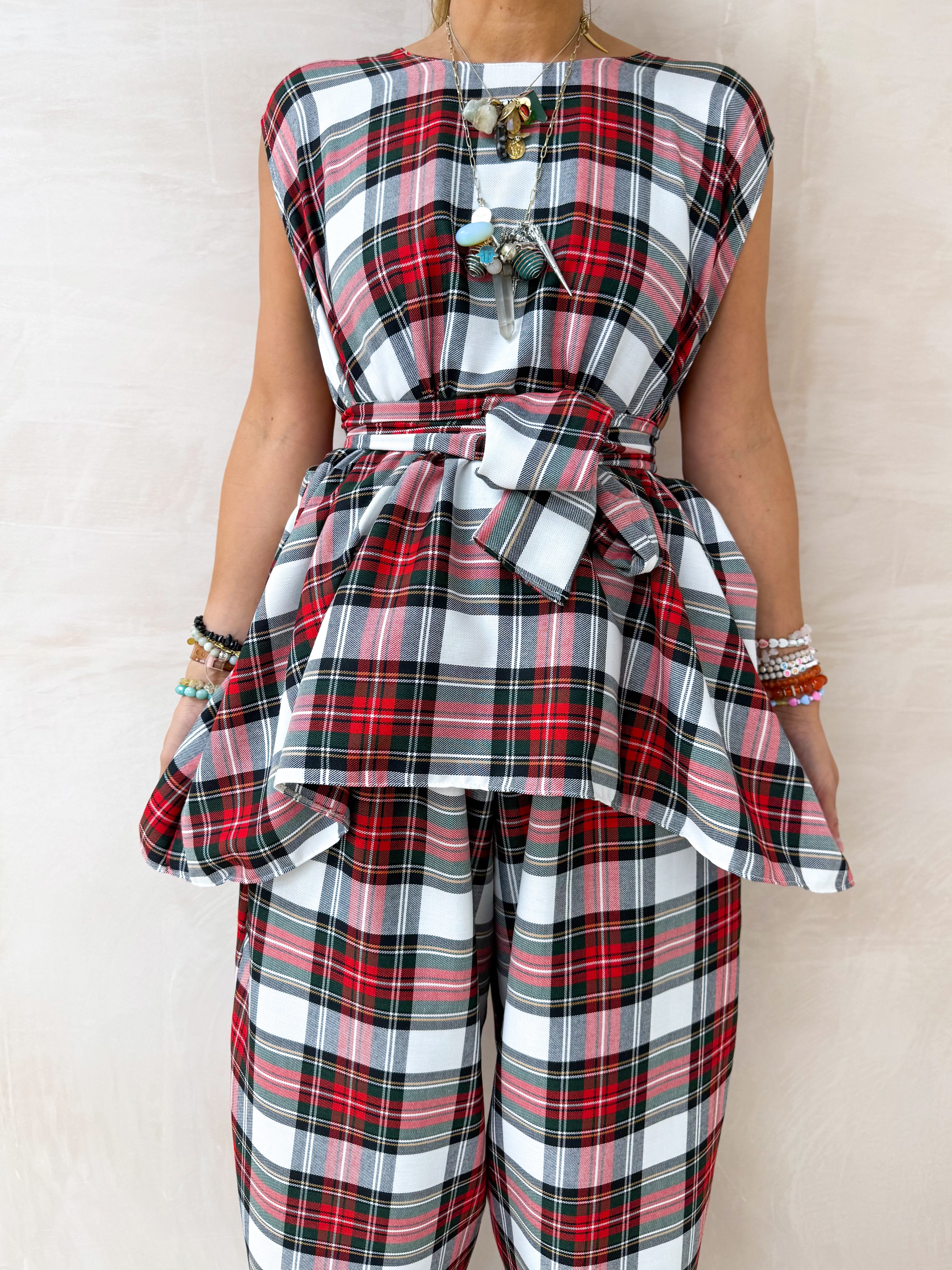 Muse Belted Top In Red/White Tartan