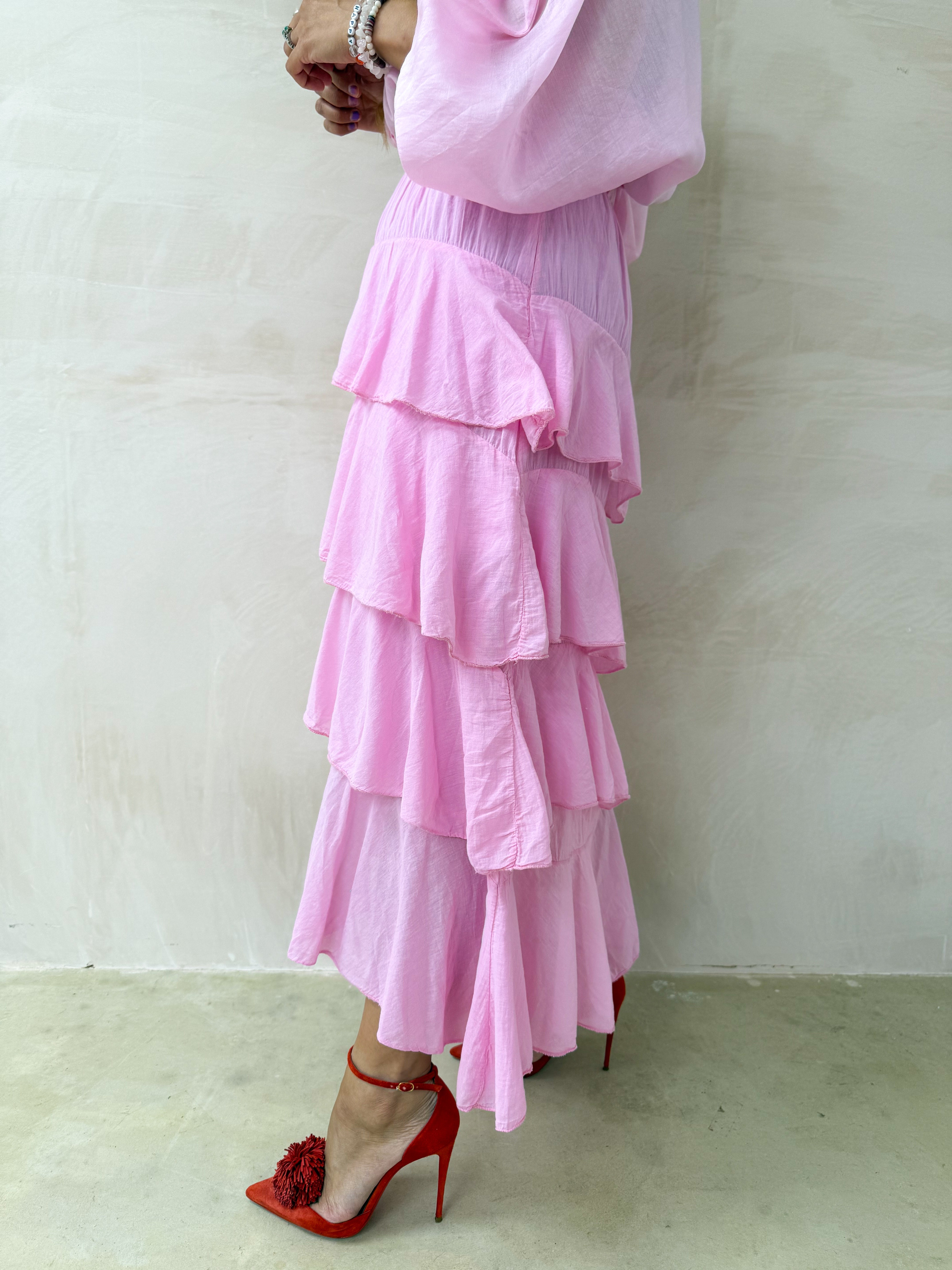Tiered Ruffle Midi Skirt In Pink