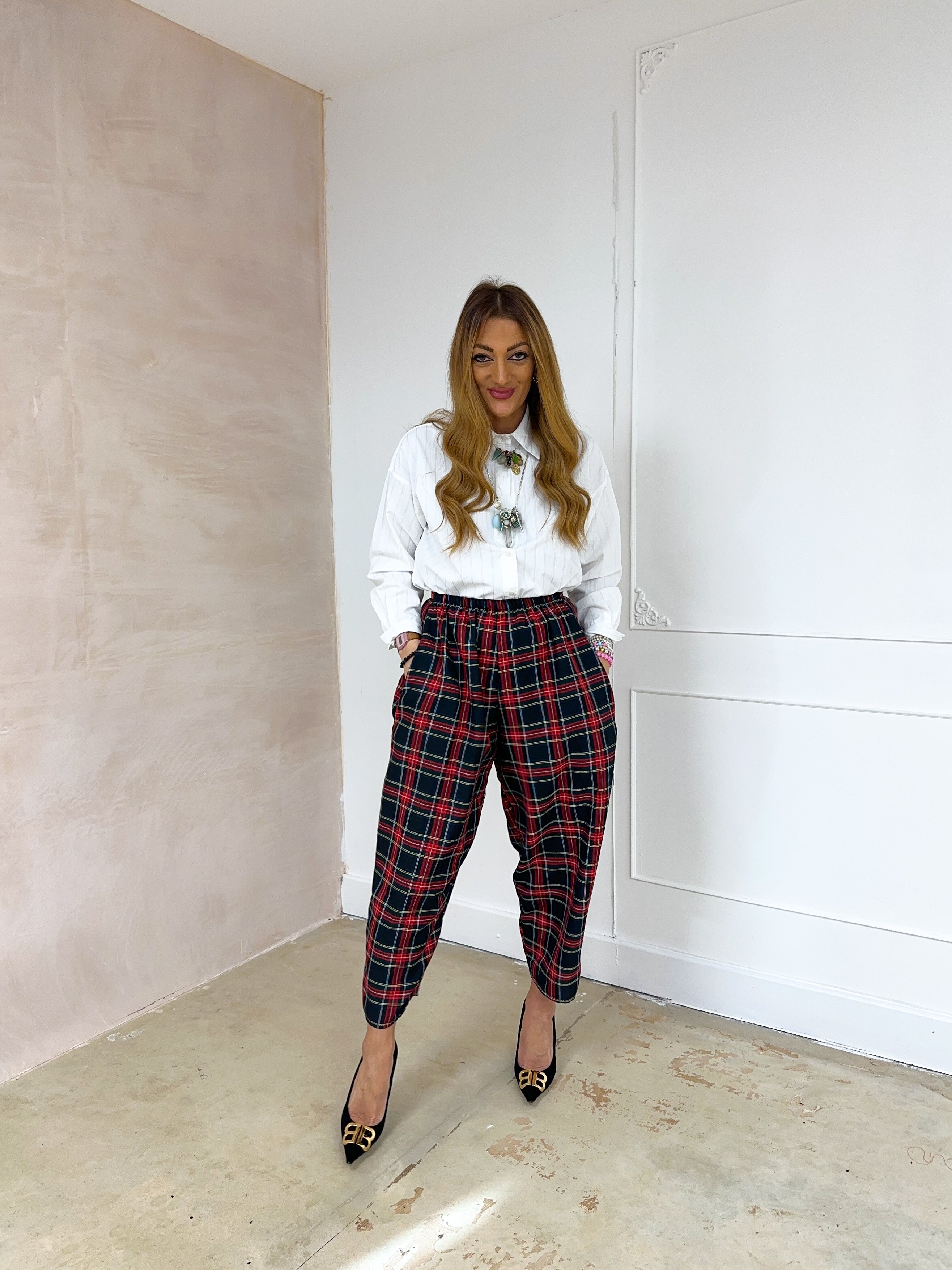 Muse Balloon Trousers In Navy/Red Traditional Tartan