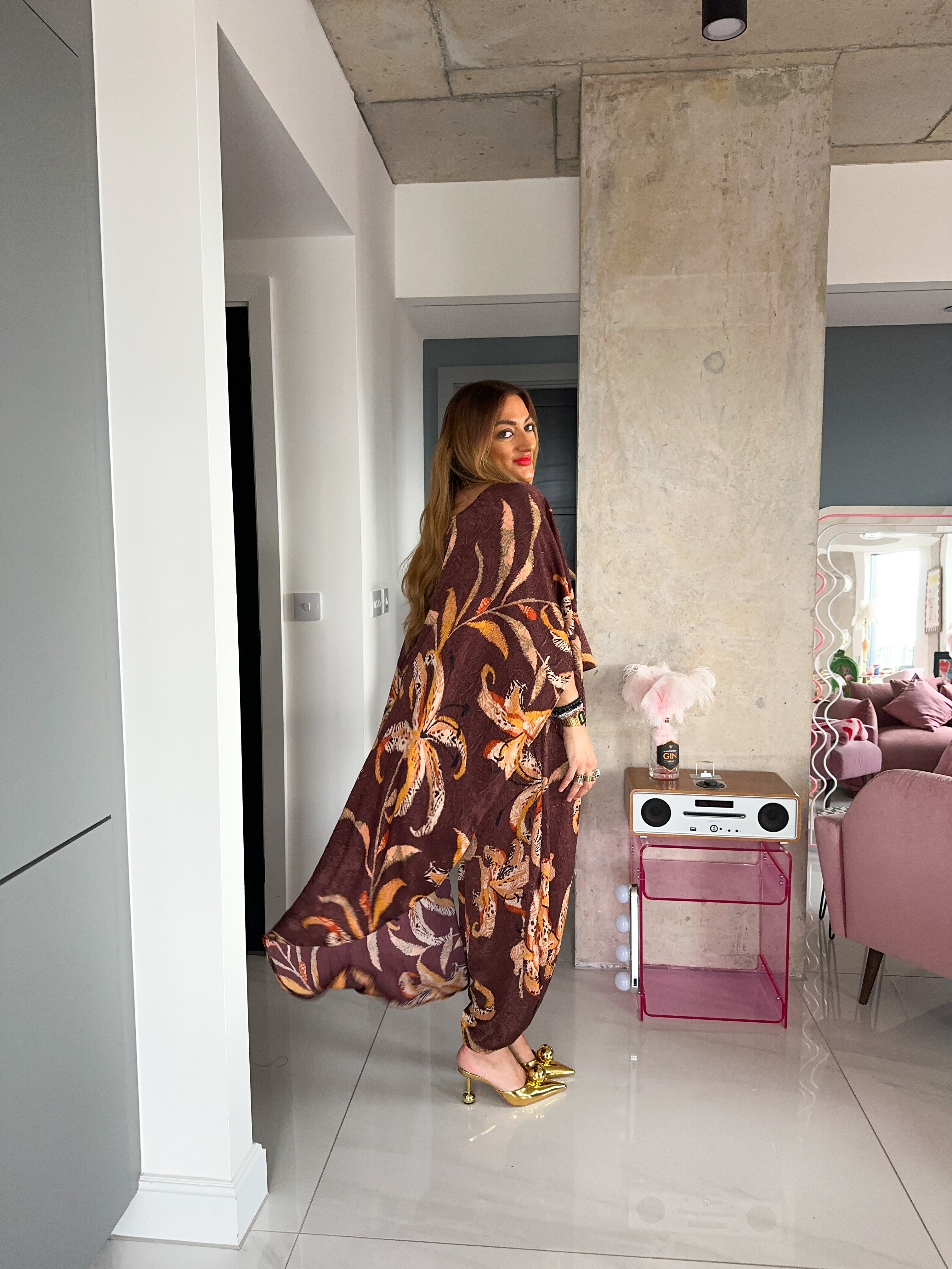 The Jasmine Cape Top In Brown Abstract Floral