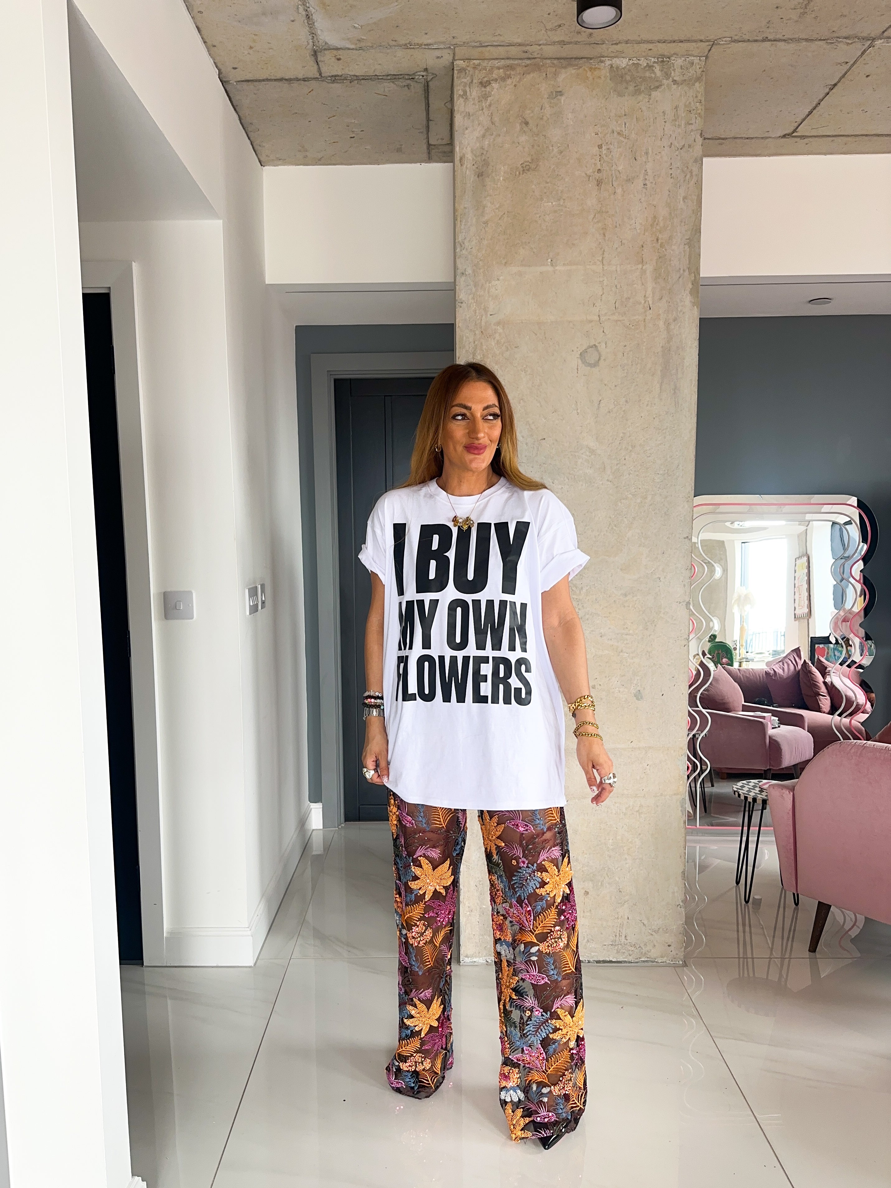 'Flowers' Slogan T-Shirt In White