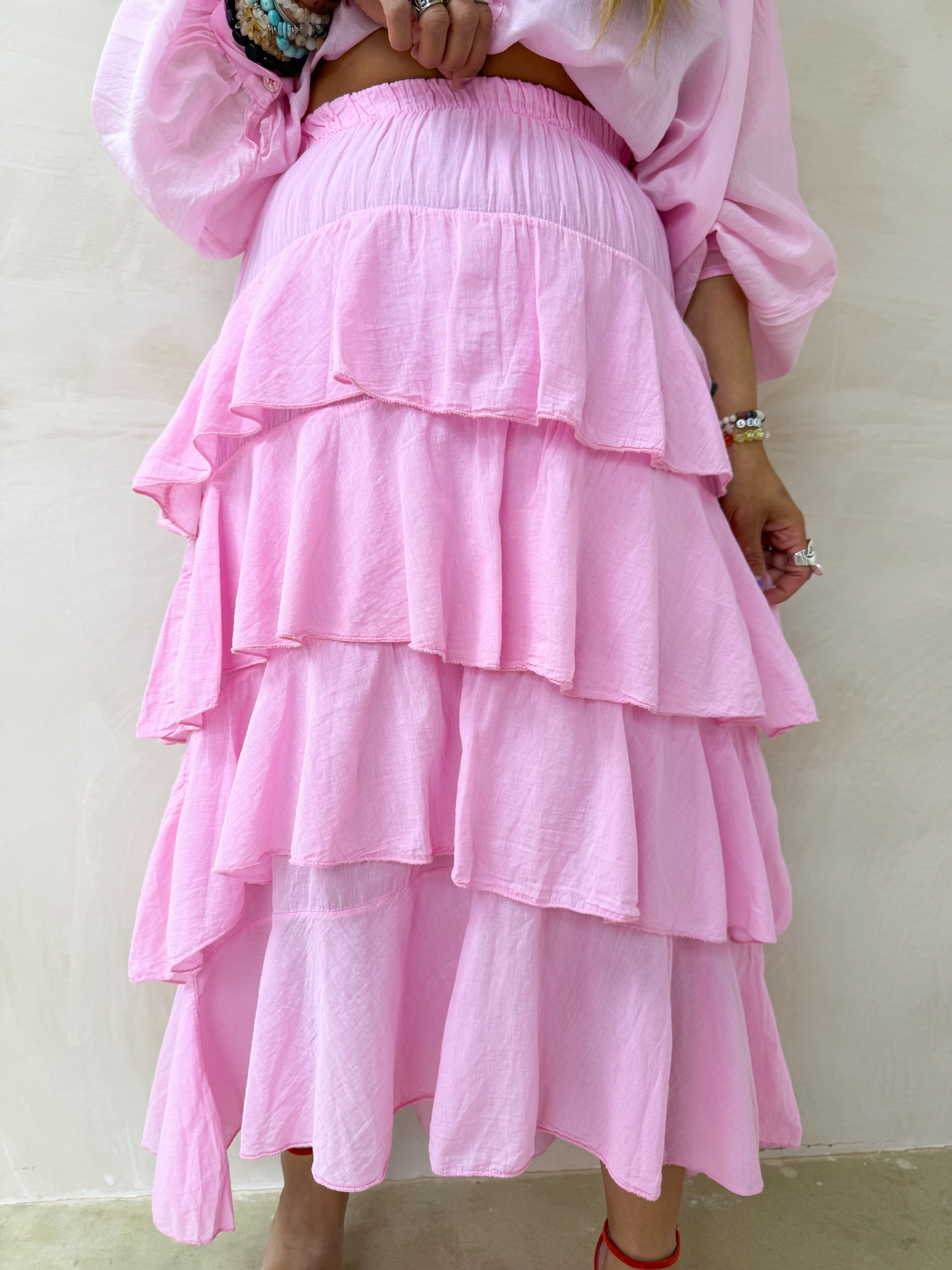 Tiered Ruffle Midi Skirt In Pink