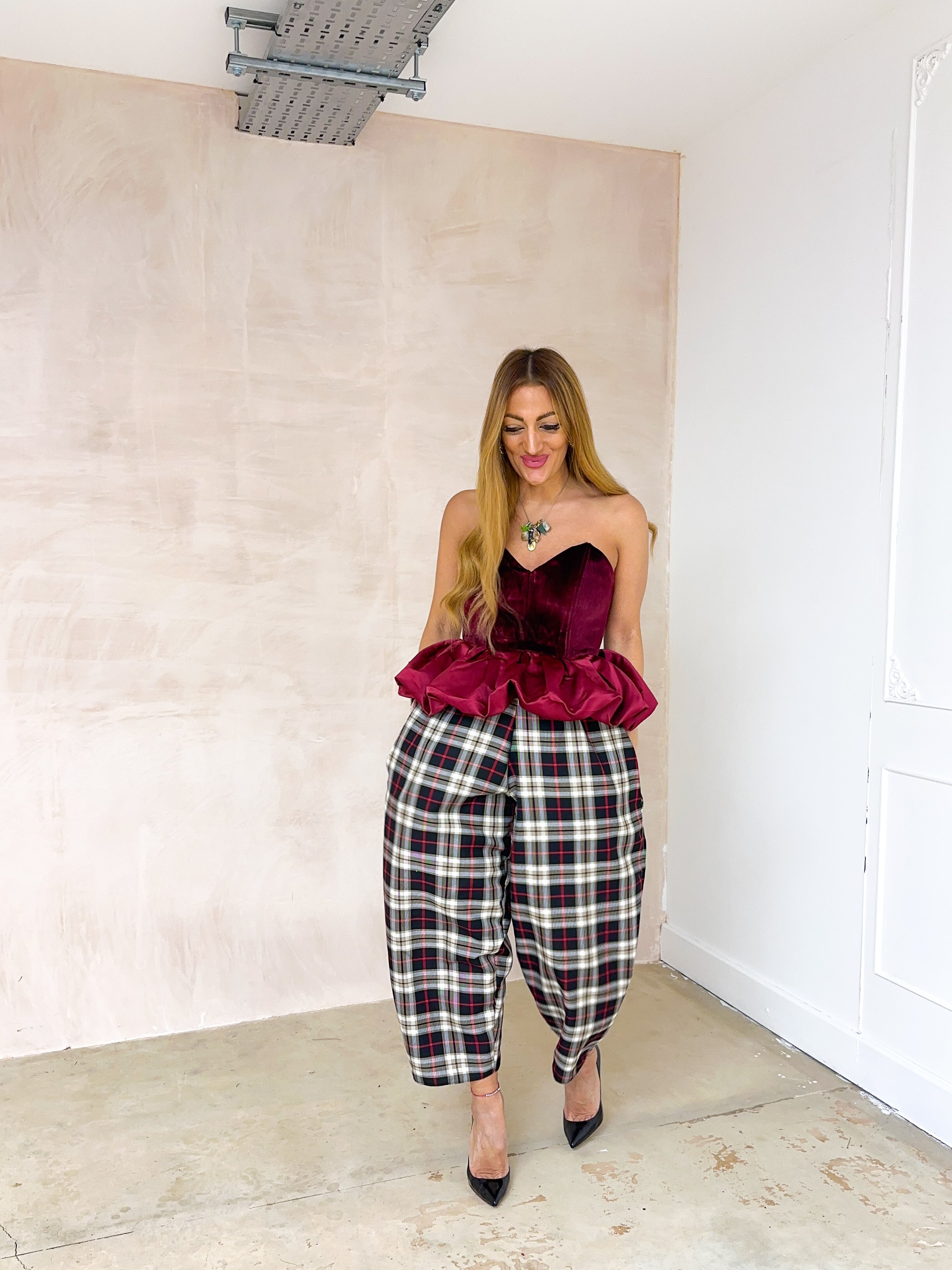 Velvet Peplum Bodice Top In Burgundy/Red