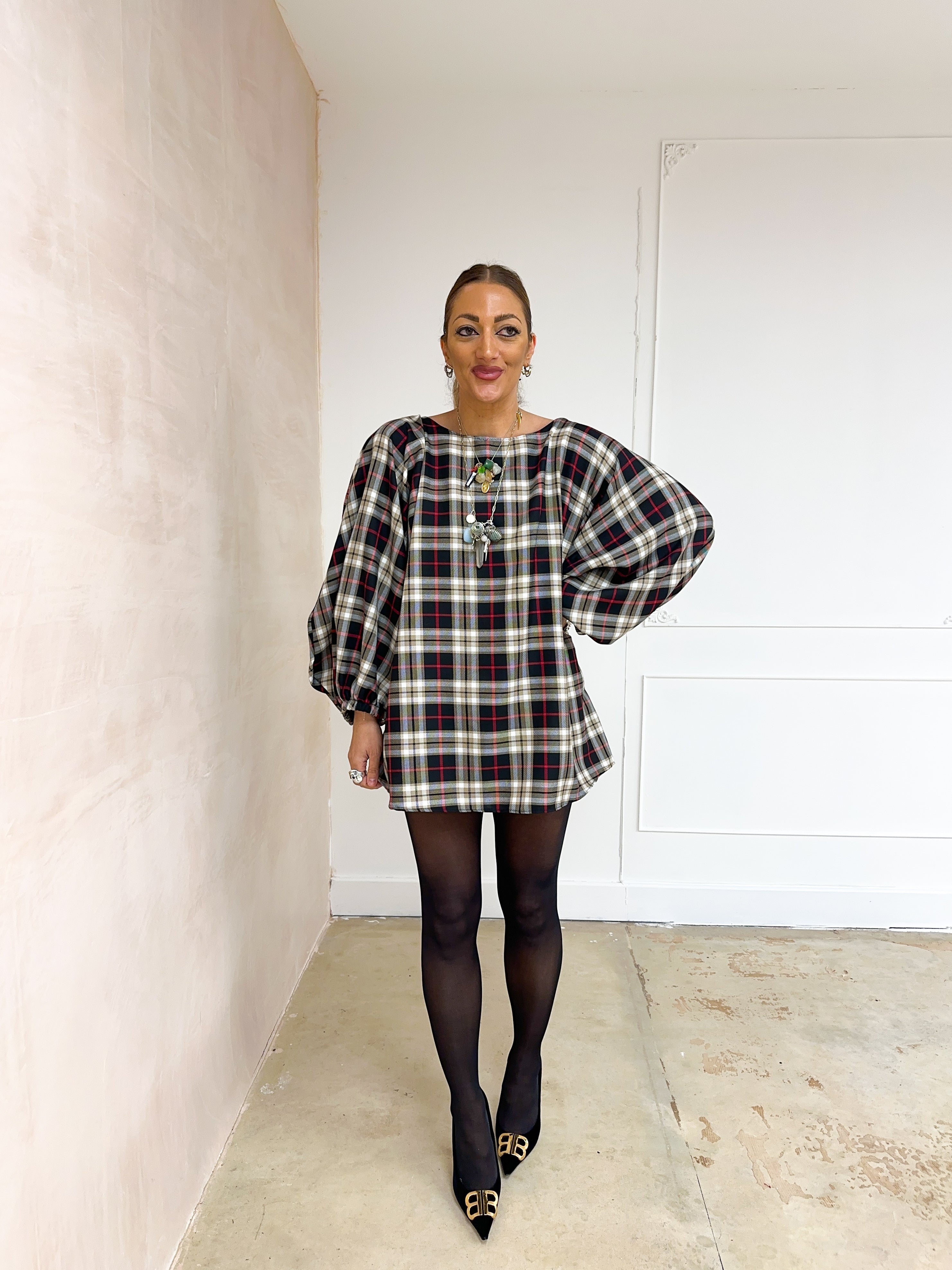Puff Sleeve Mini Dress in Black/Burgundy Tartan
