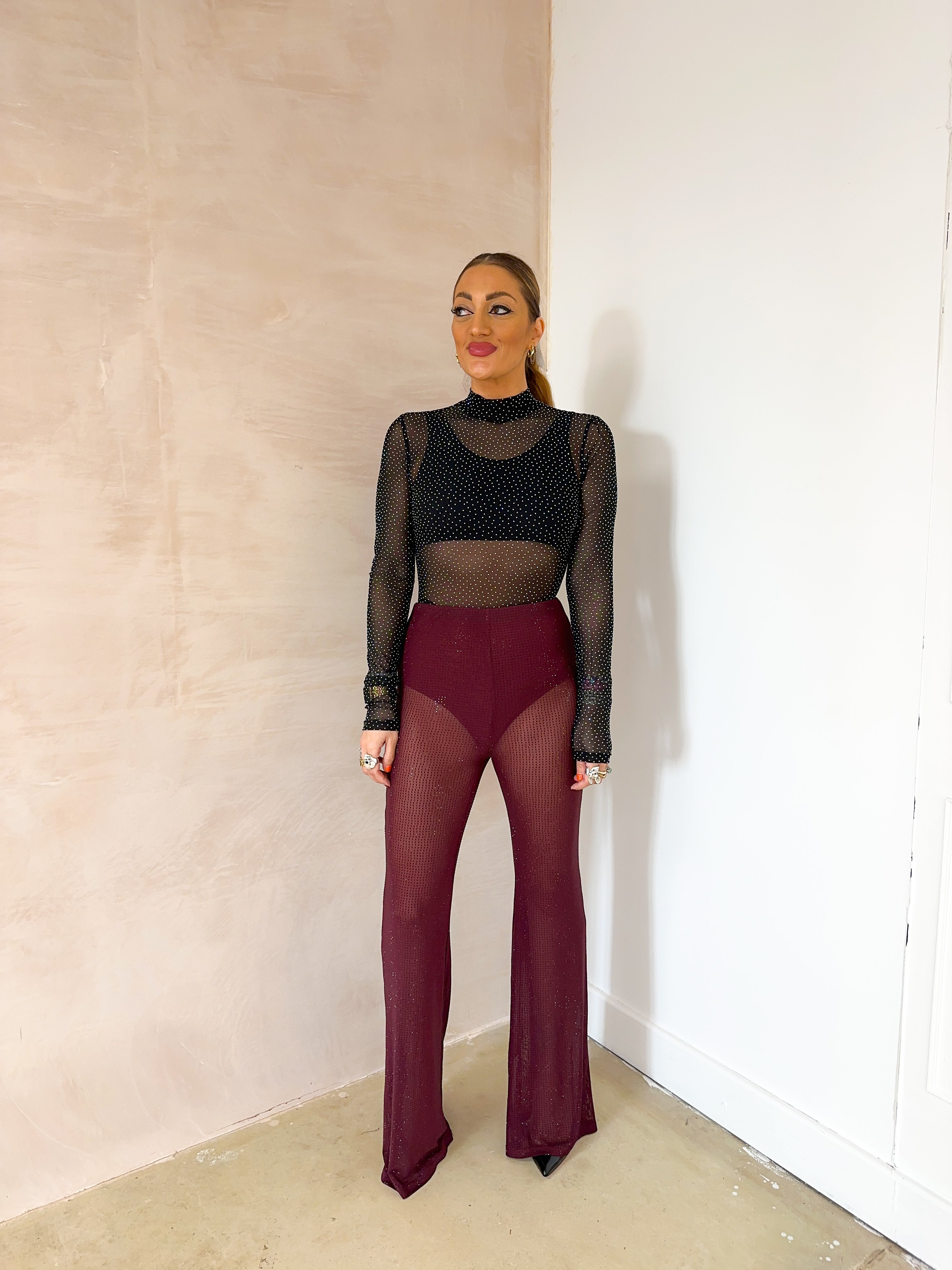 Scattered Rhinestone Mesh Bodysuit In Black