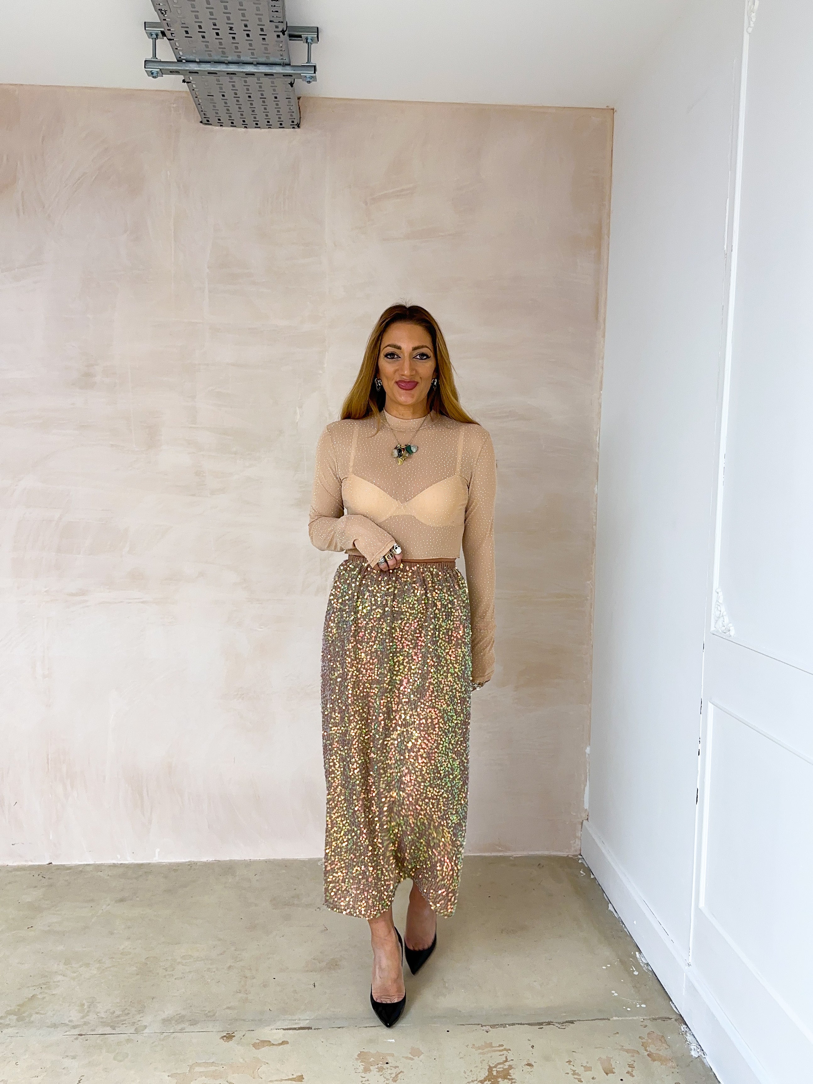 'Candy' Iridescent Sequin Midi Skirt In Nude