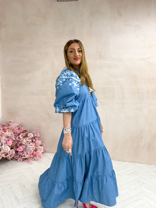 Embroidered Puff Sleeve Tiered Maxi Dress In Denim