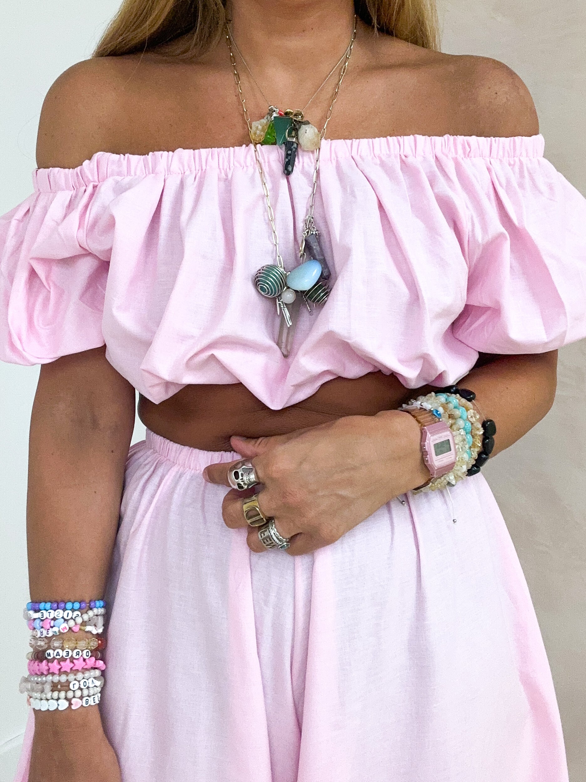 The Aladdin Puff Sleeve Bardot Top In Pink