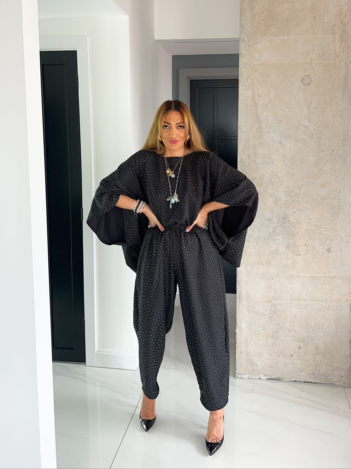 Scattered Rhinestone Kimono Style Top In Black