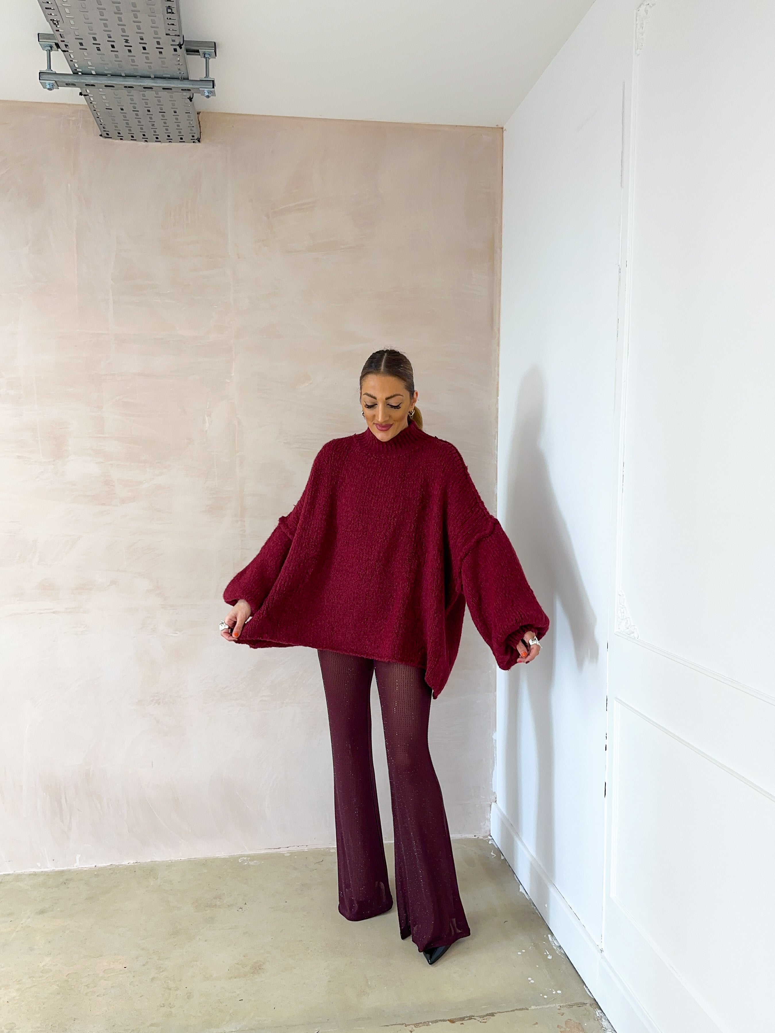 High Waisted Sheer Diamante Flares In Burgundy
