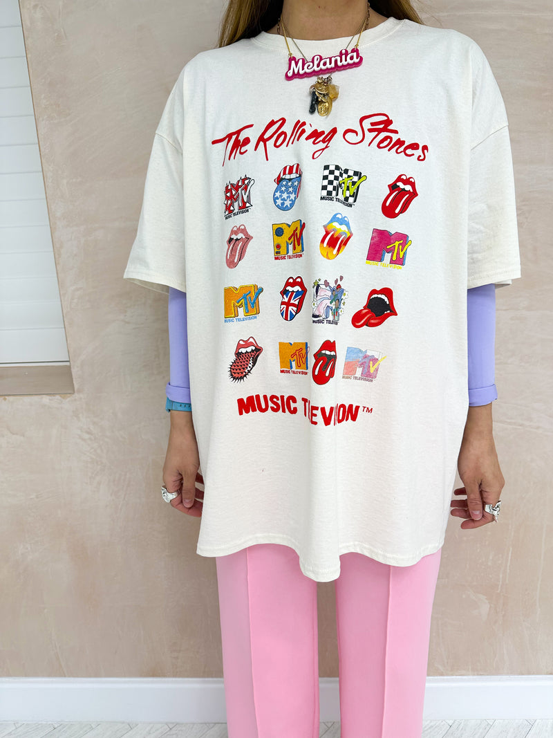 MTV Rolling Stones Logo Mash Up T-Shirt In Cream