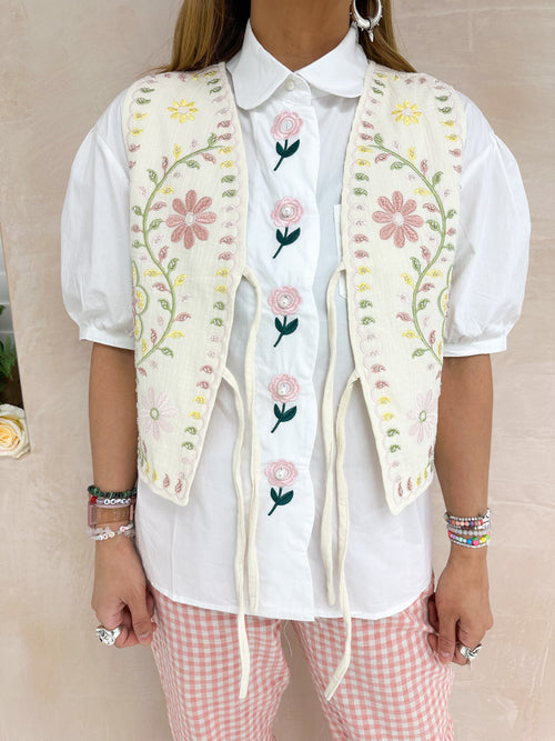 Floral Embroidered Waistcoat In Cream