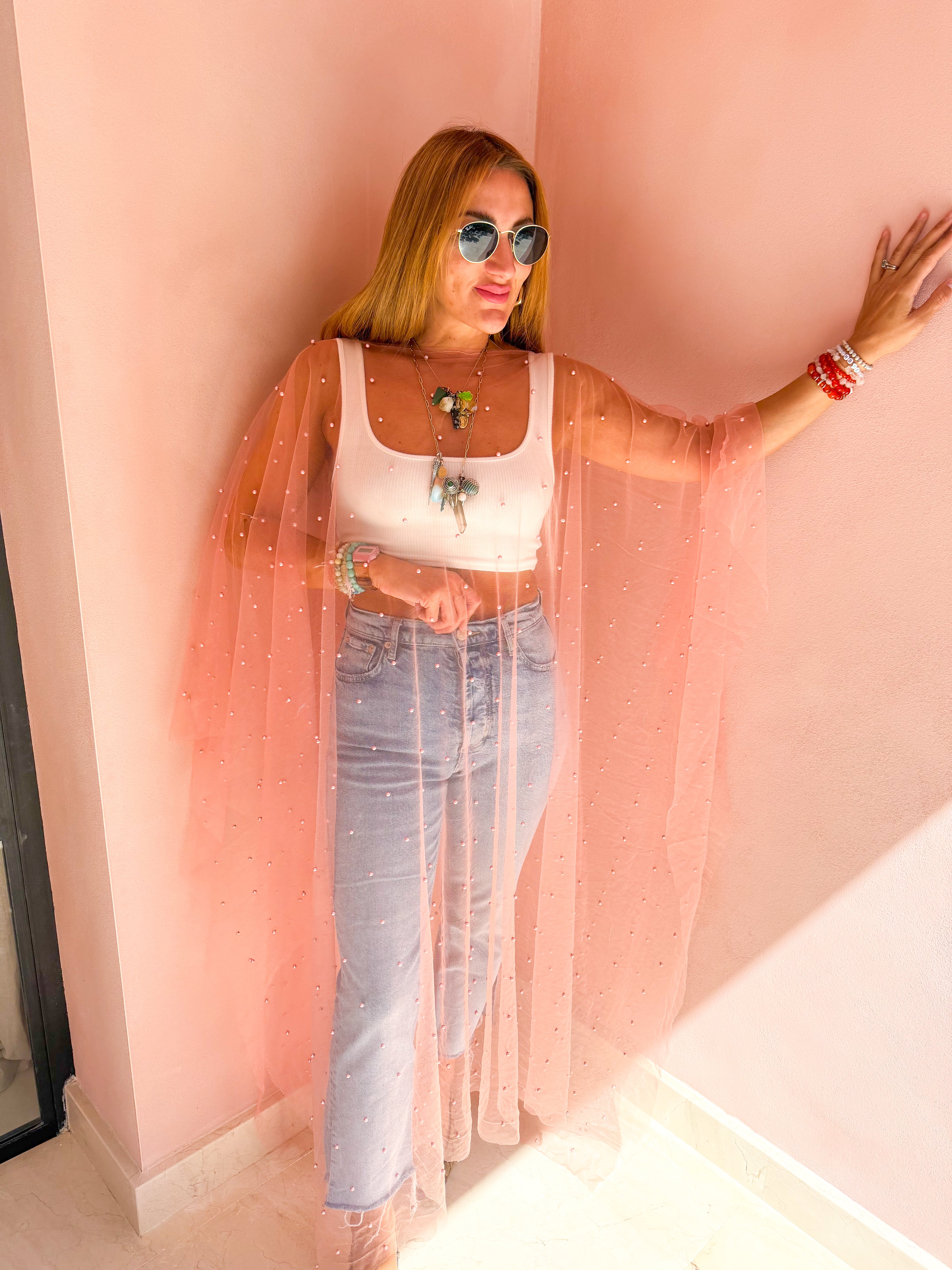 Tulle Vixen Pearl Mesh Kimono In Pale Pink