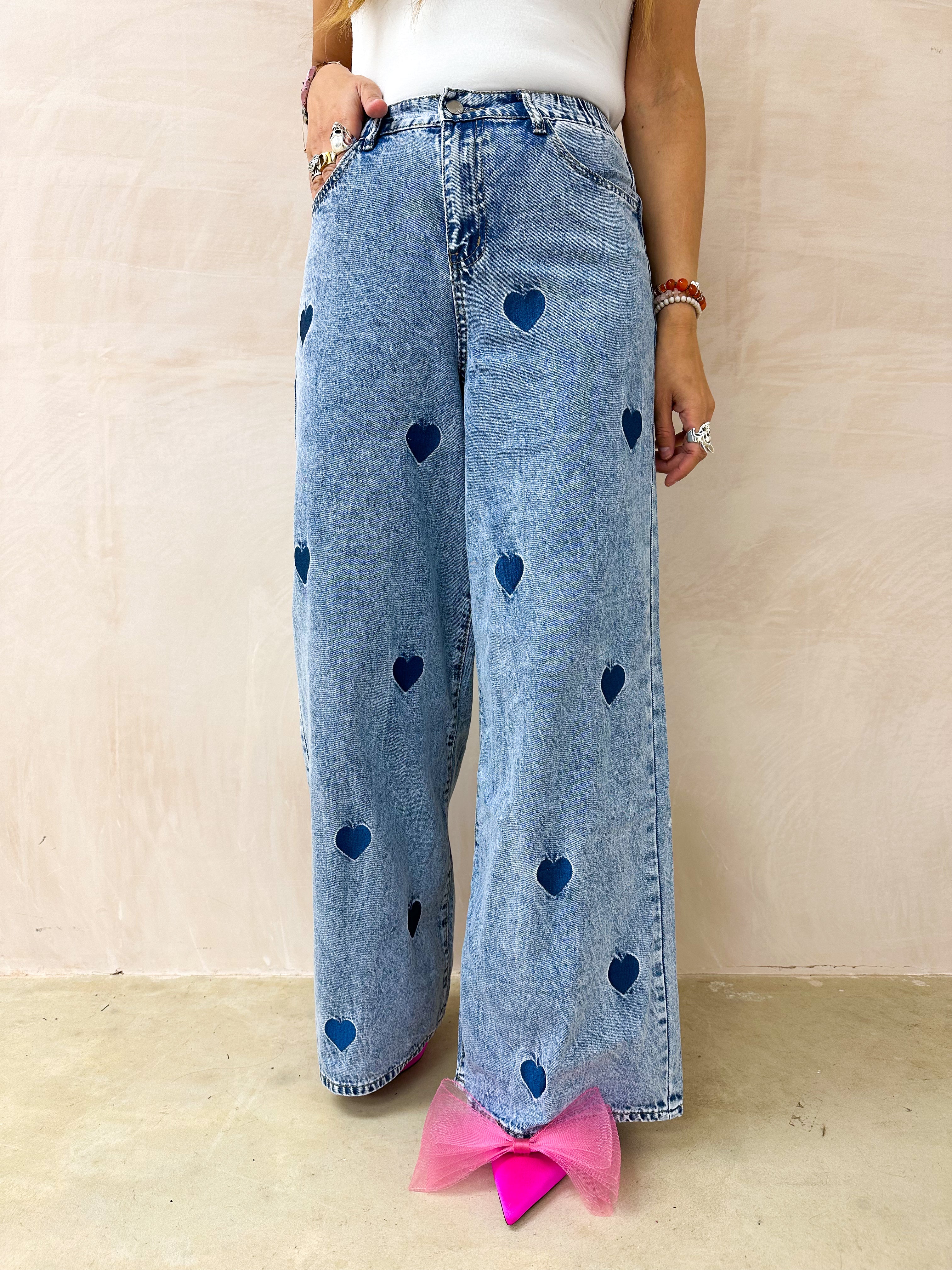 Wide Leg Scattered Heart Jeans In Blue