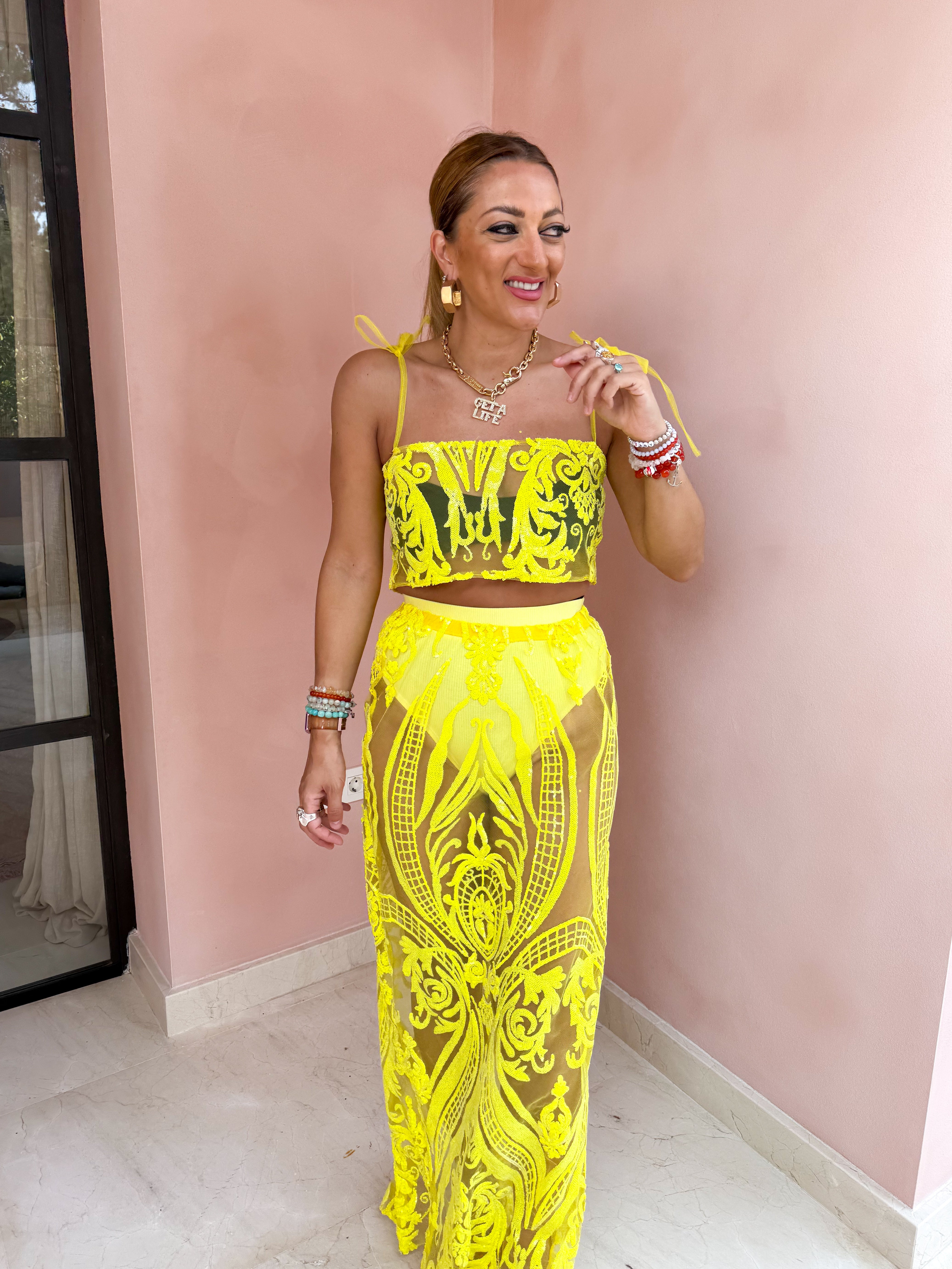 Solaris Supernova Sequin Midi Skirt In Yellow