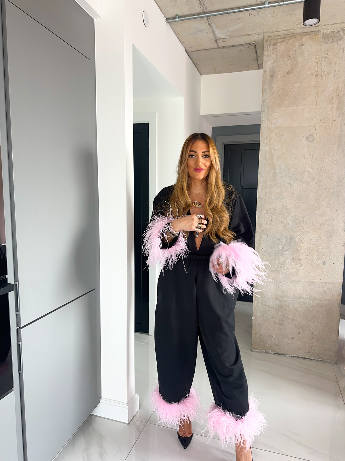 Pink Feather Hem Balloon Trousers In Black