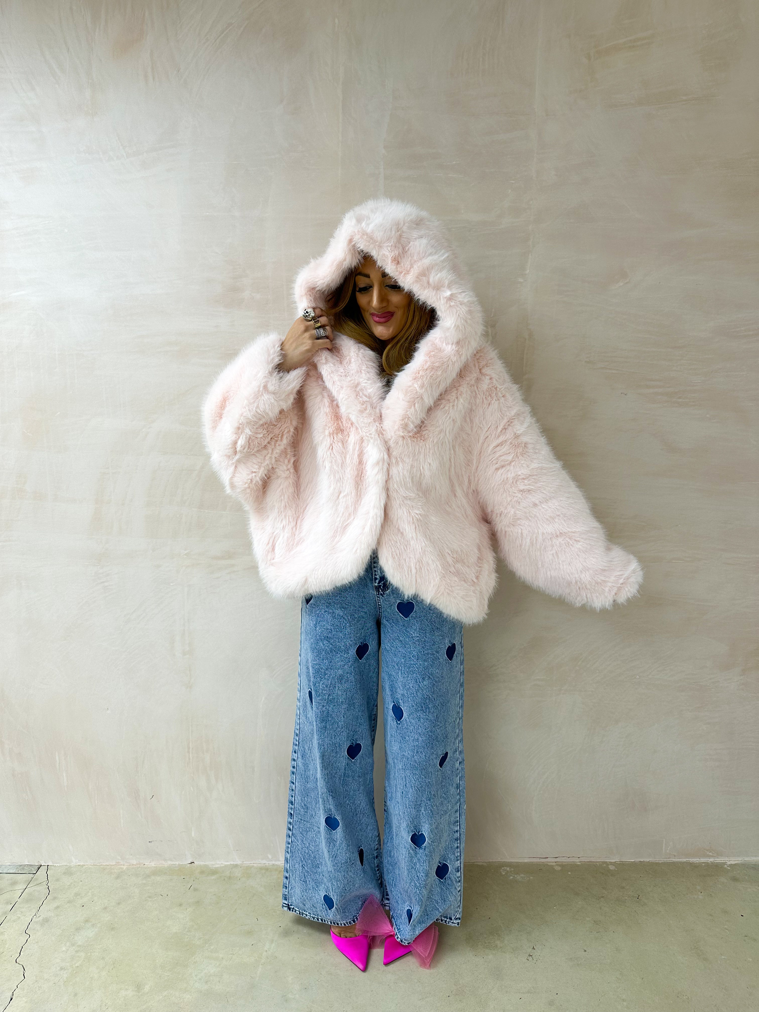 Luxury Faux Fur Hooded Coat In Pink