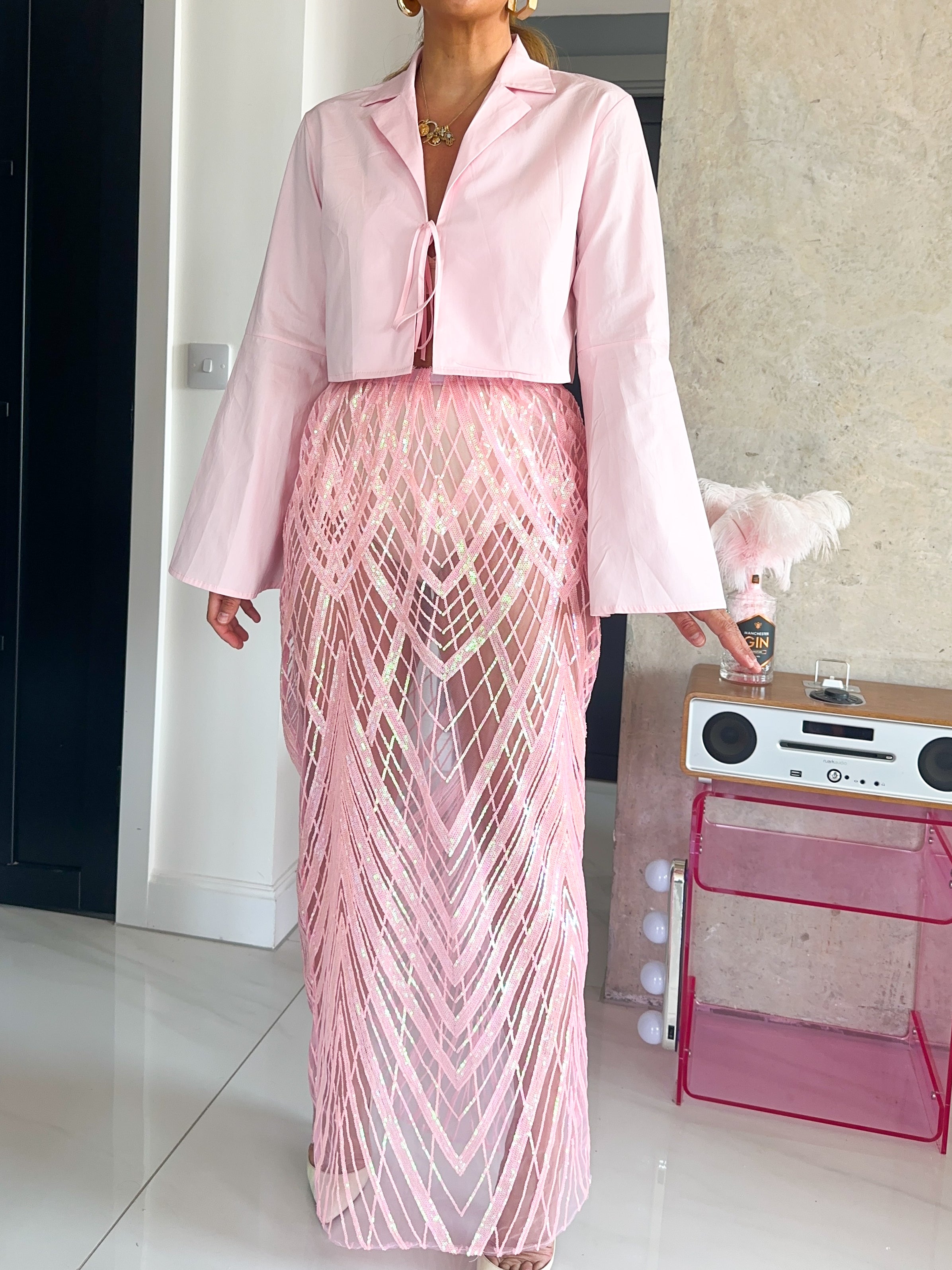 Flare Sleeve Tie Front Shirt In Baby Pink