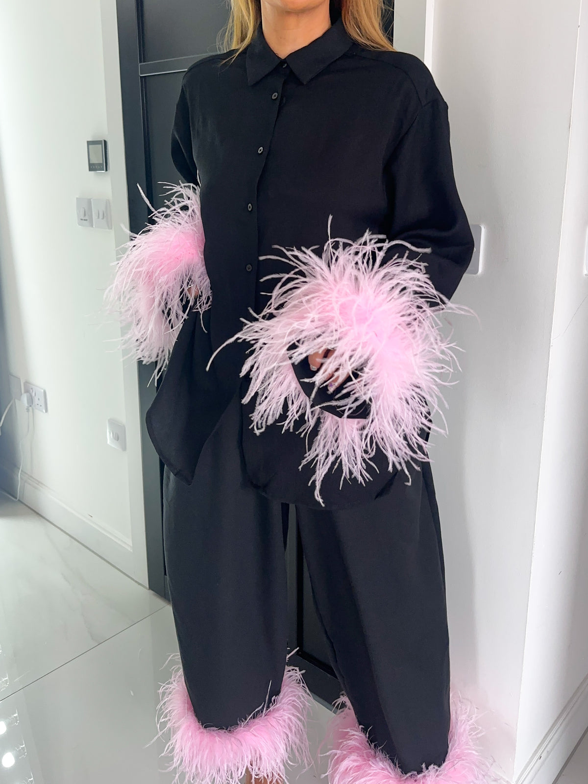 Pink Feather Cuff Shirt In Black
