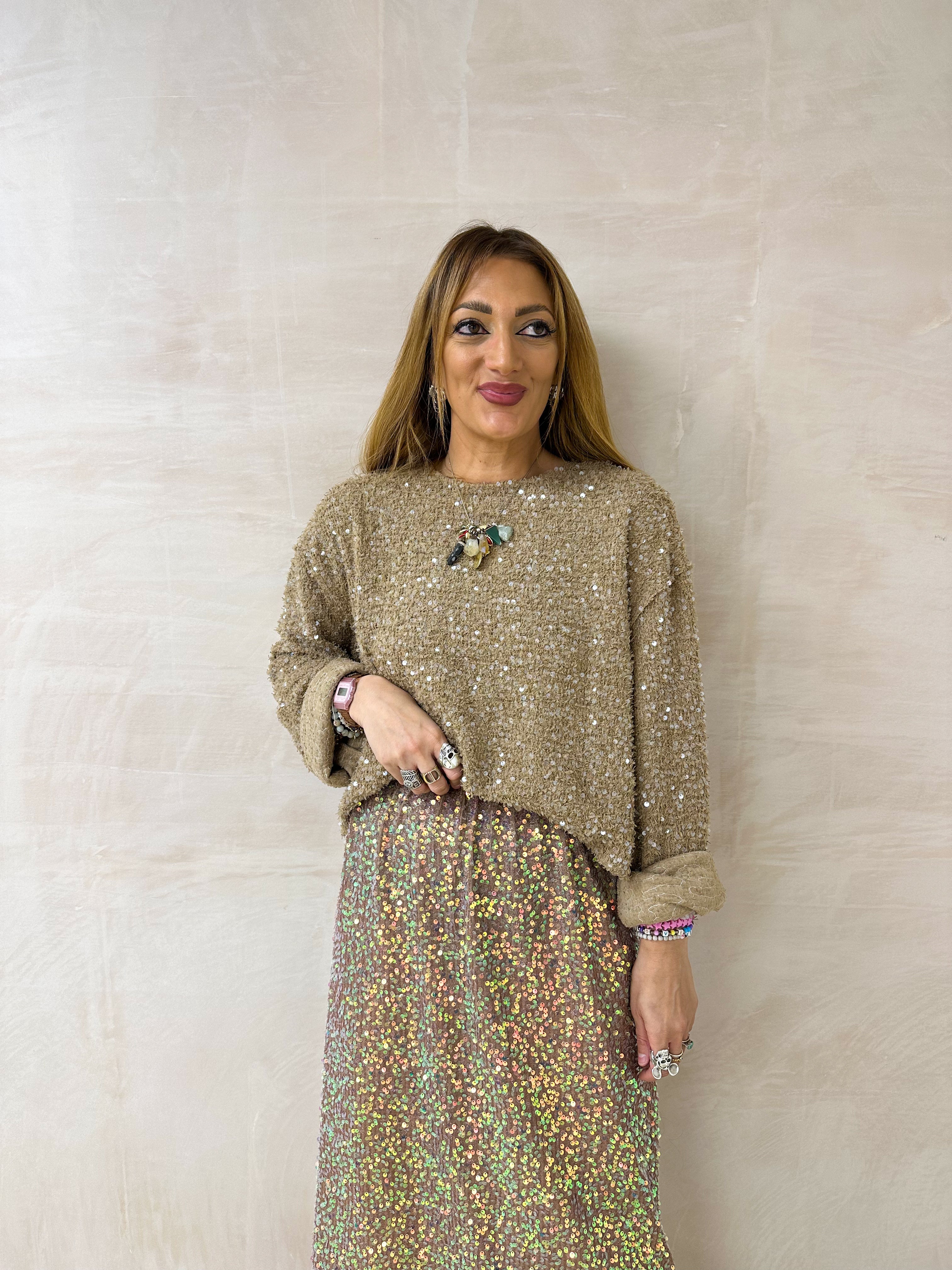 Knitted Scattered Sequin Jumper In Beige