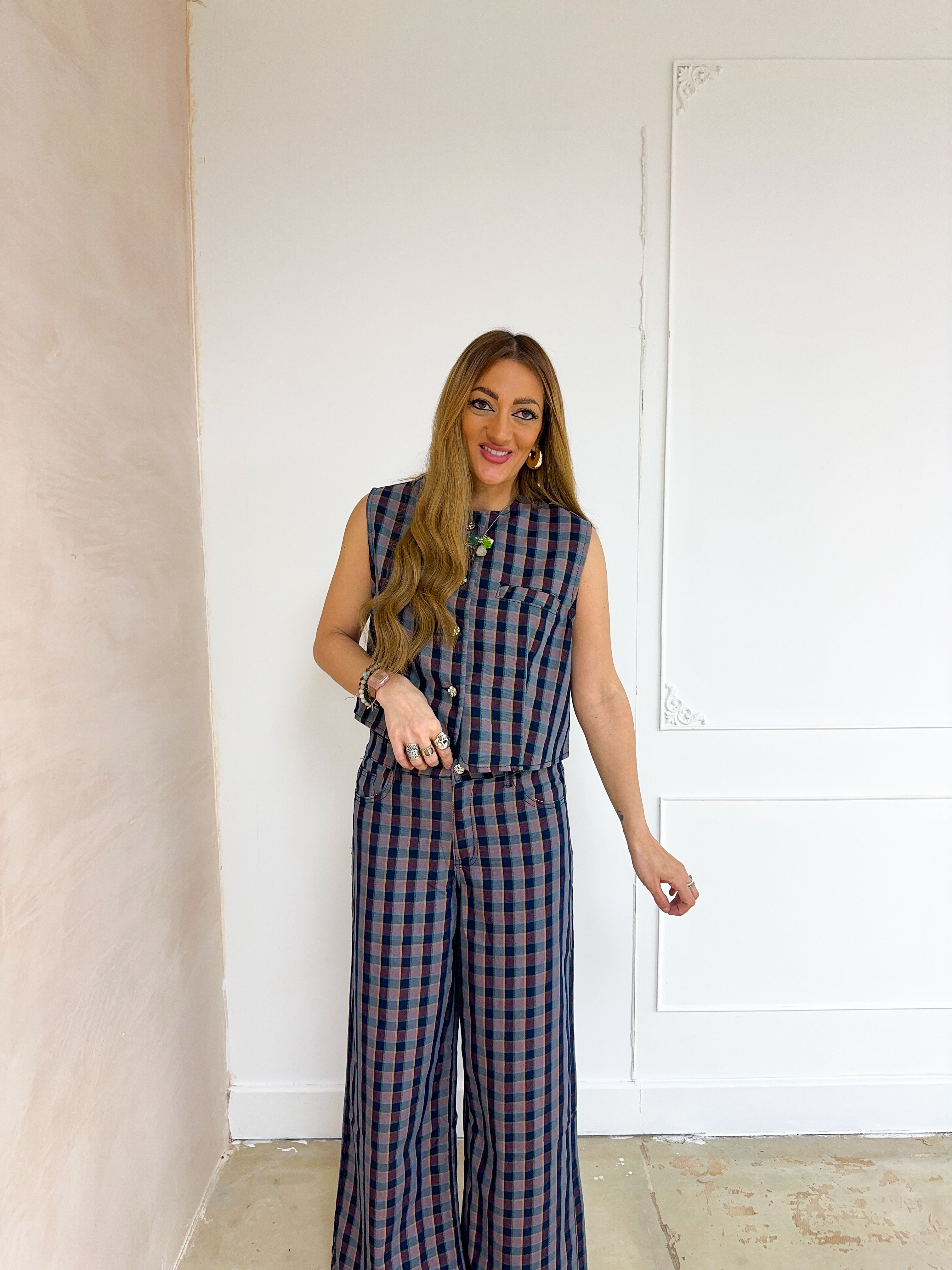 Waistcoat Style Top In Purple/Navy Check