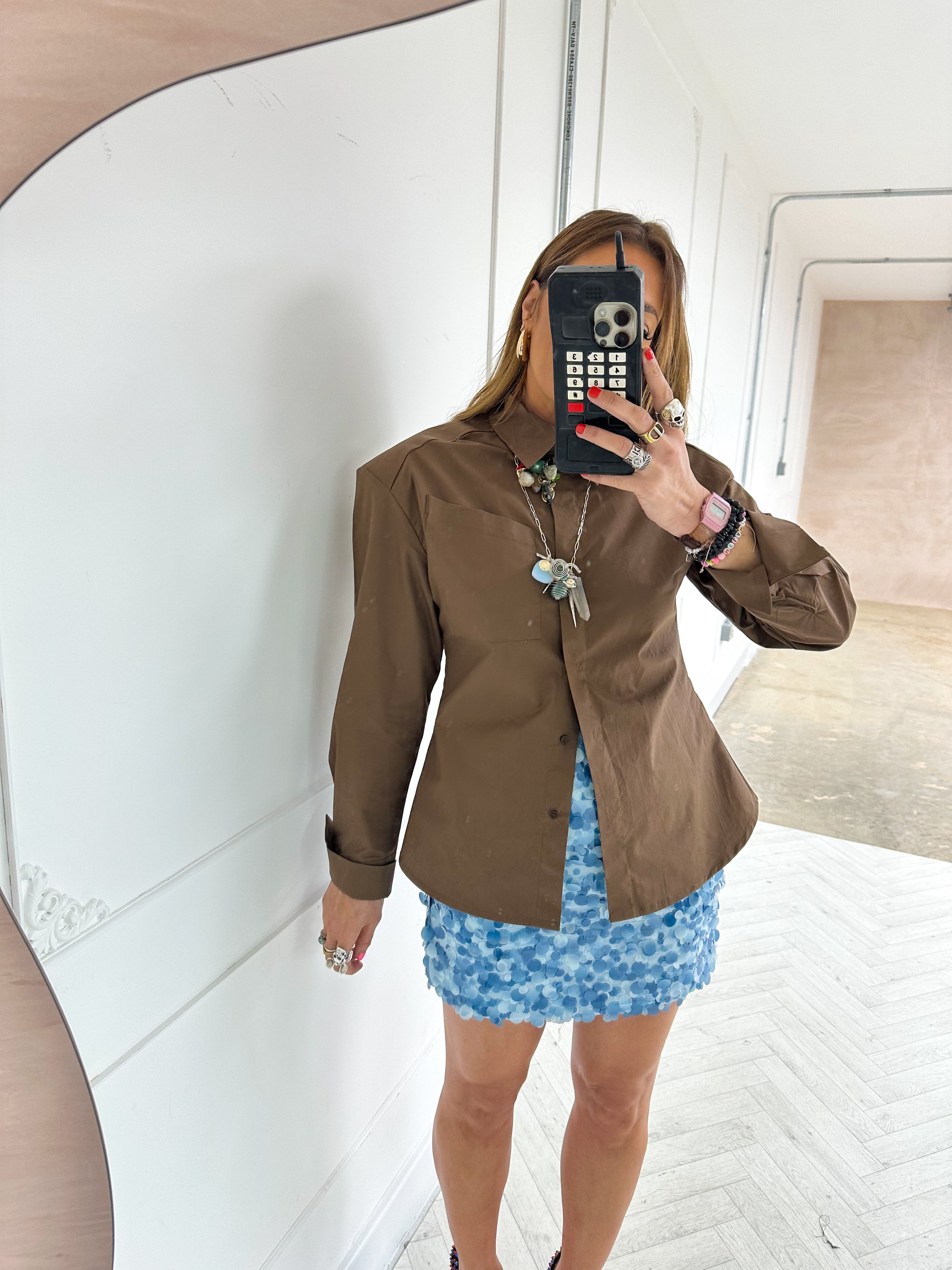 Shoulder Pad Open Back Shirt In Brown