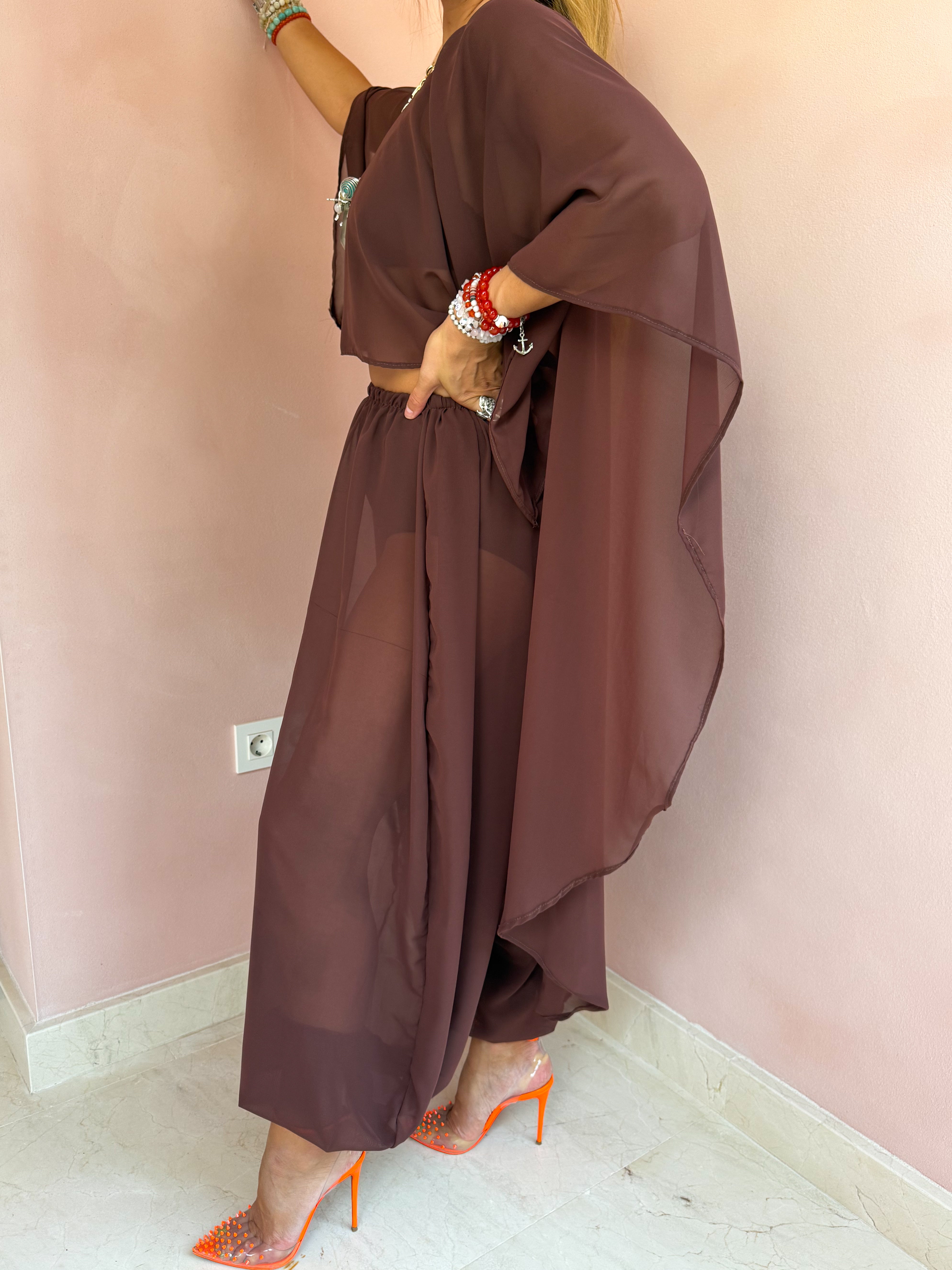 The Jasmine Chiffon Cape Top In Brown