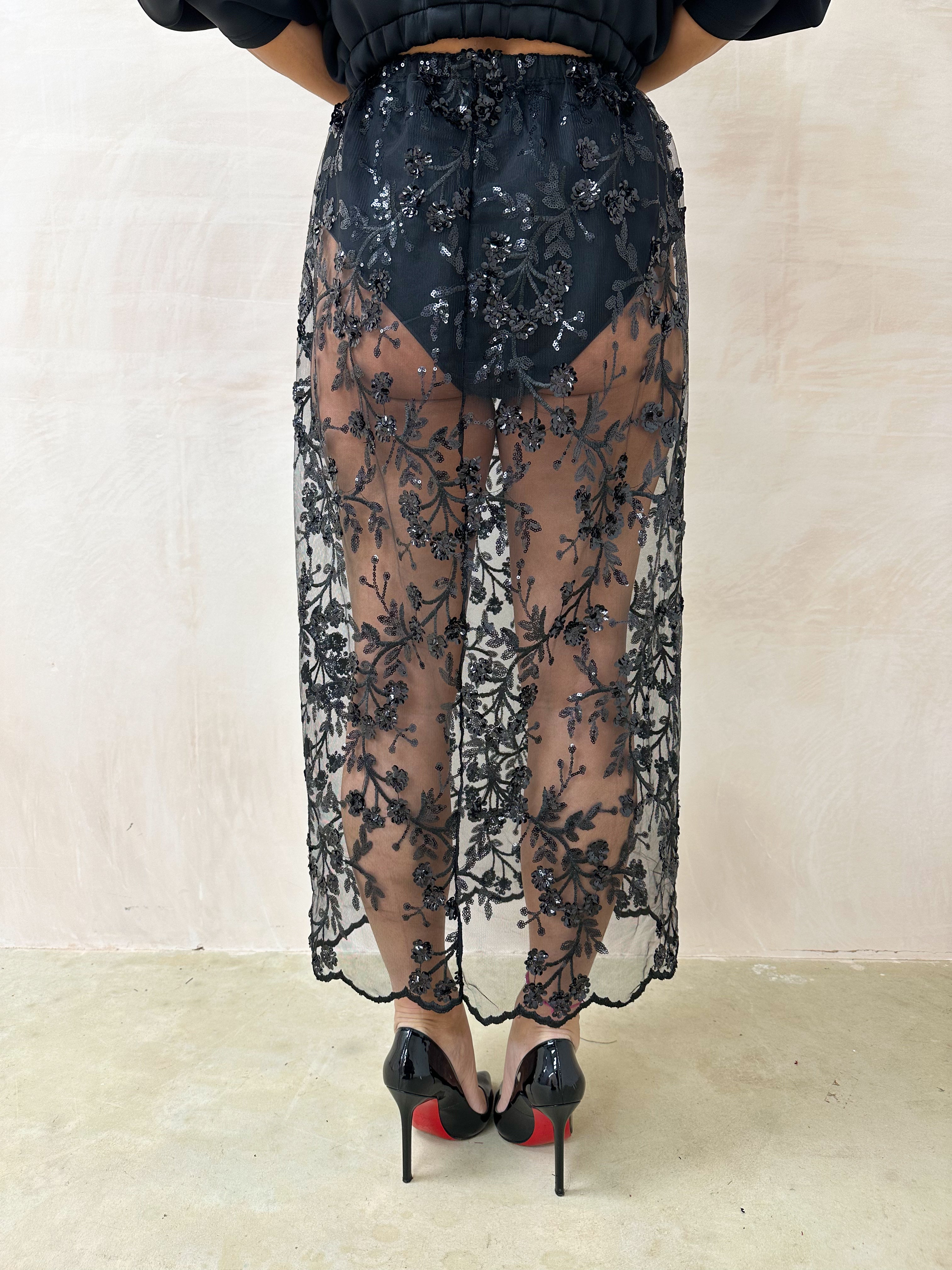 Midnight Sequin Mesh Midi Skirt In Black