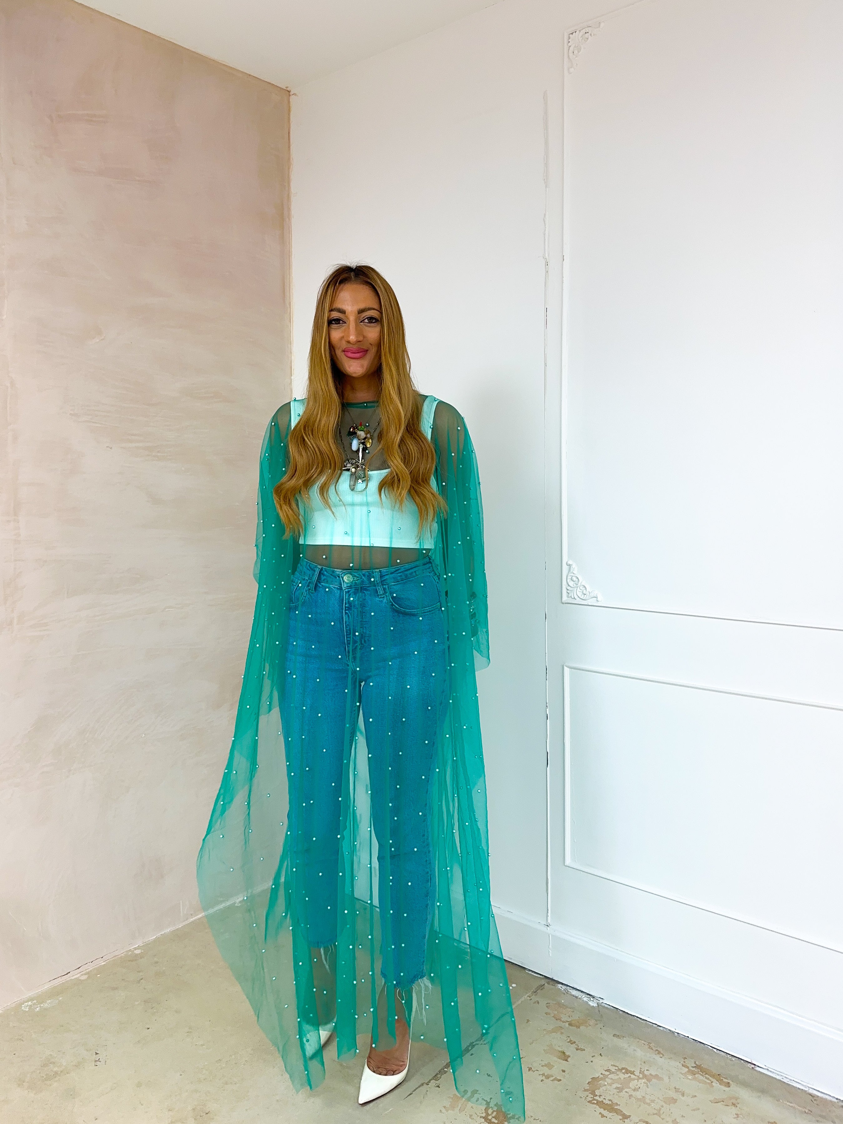 Tulle Vixen Pearl Mesh Kimono In Bright Green