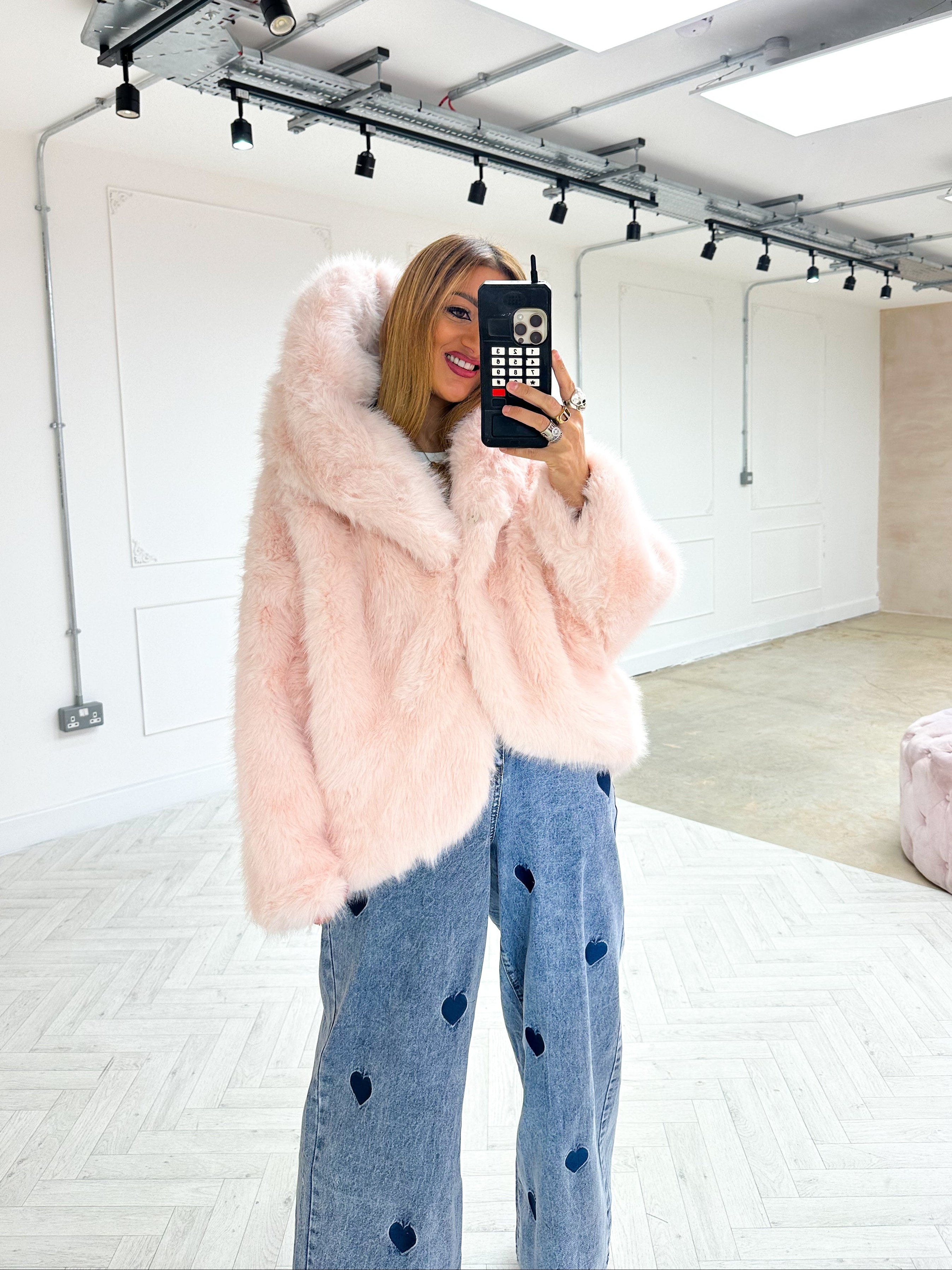 Luxury Faux Fur Hooded Coat In Pink