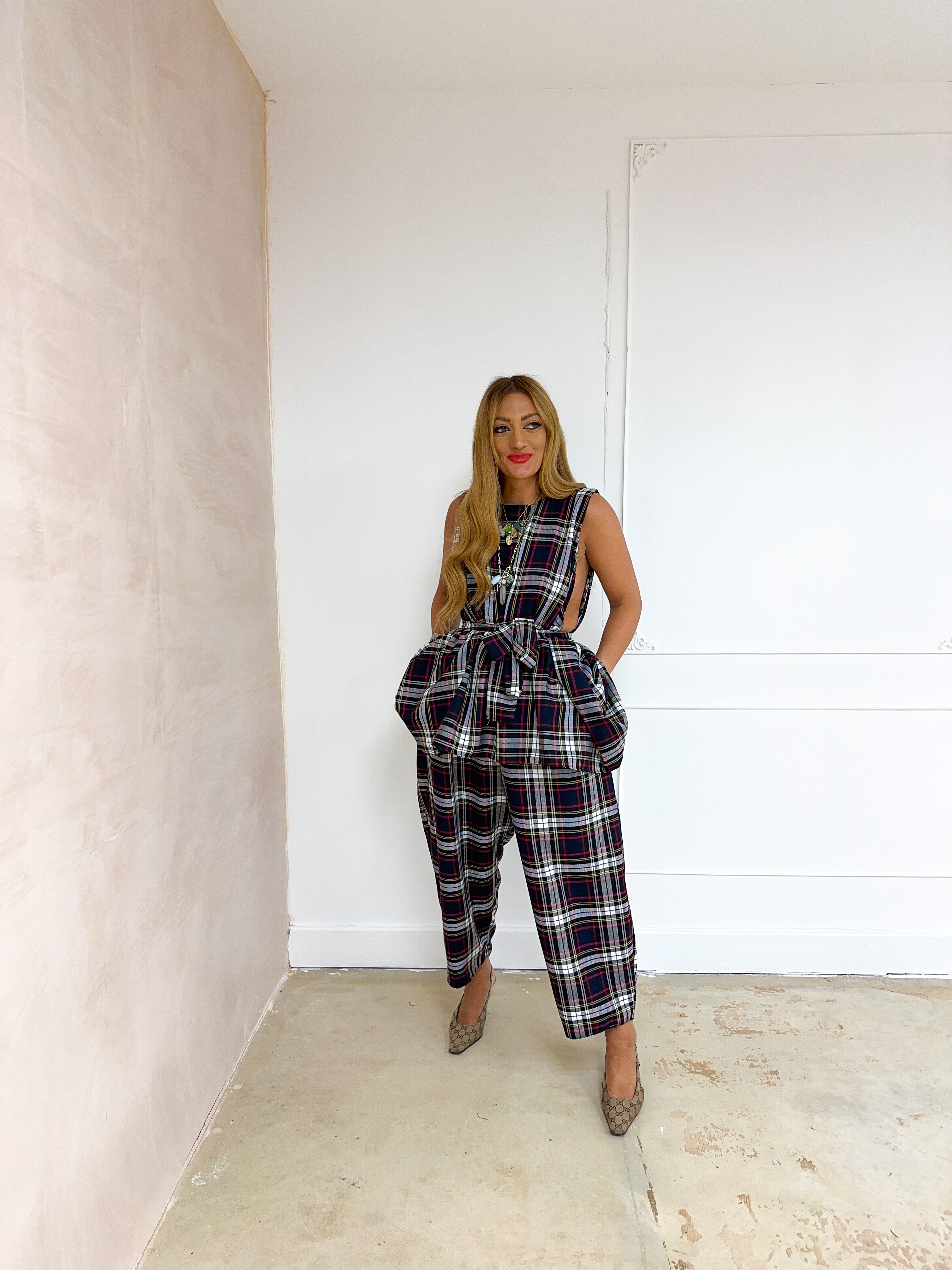 Muse Balloon Trousers In Navy Tartan