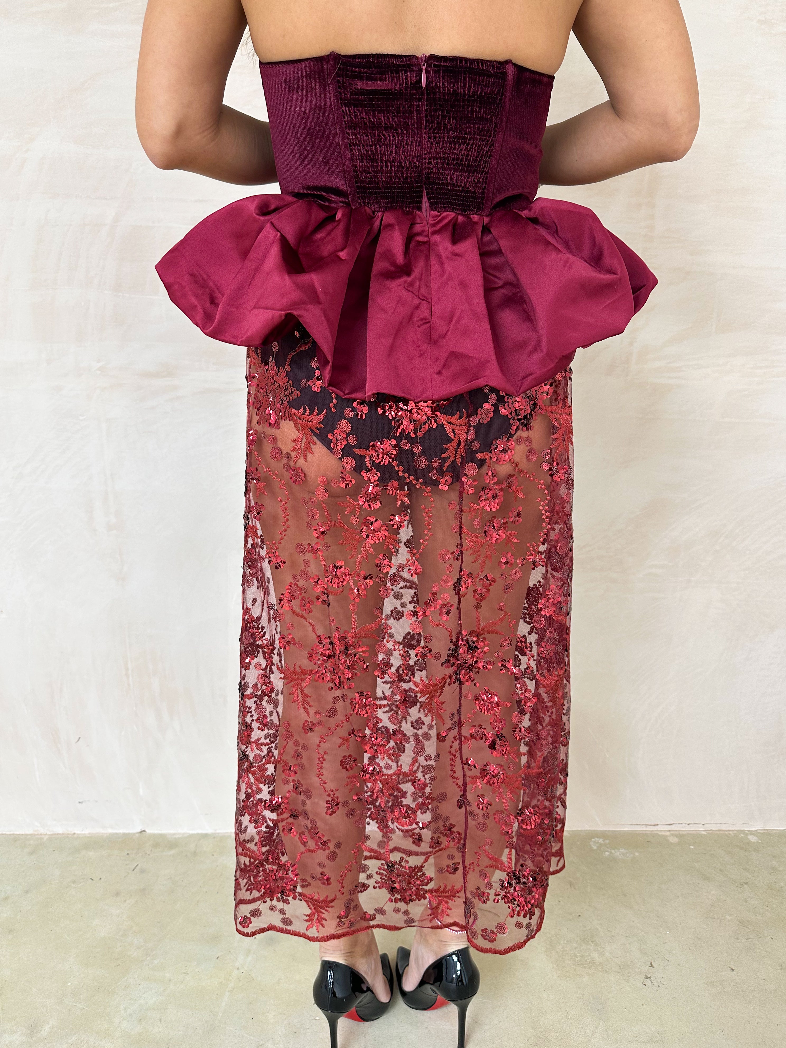 Velvet Peplum Bodice Top In Burgundy/Red