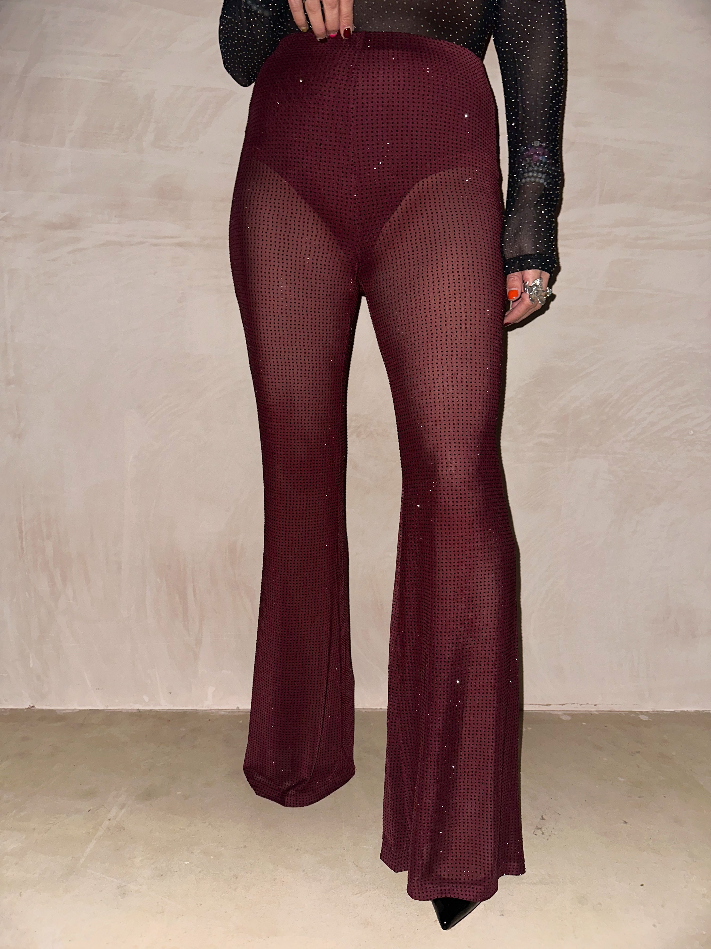 High Waisted Sheer Diamante Flares In Burgundy