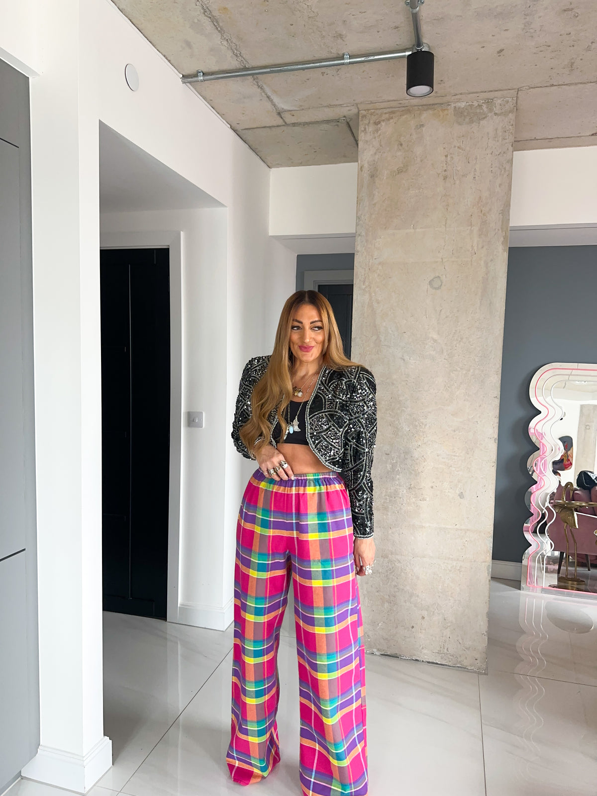 Madras Check Wide Leg Trousers In Pink