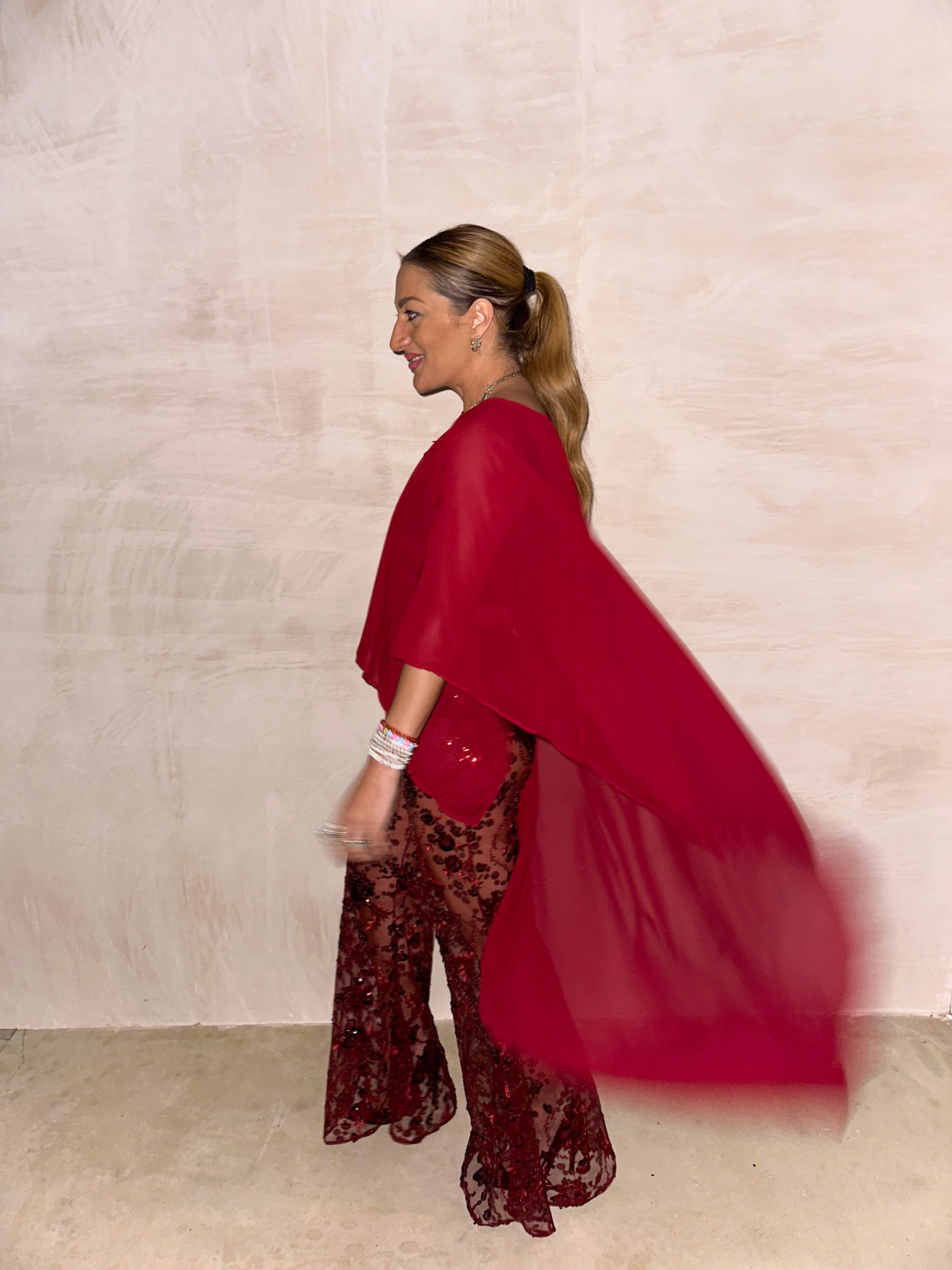 The Jasmine Chiffon Cape Top In Burgundy