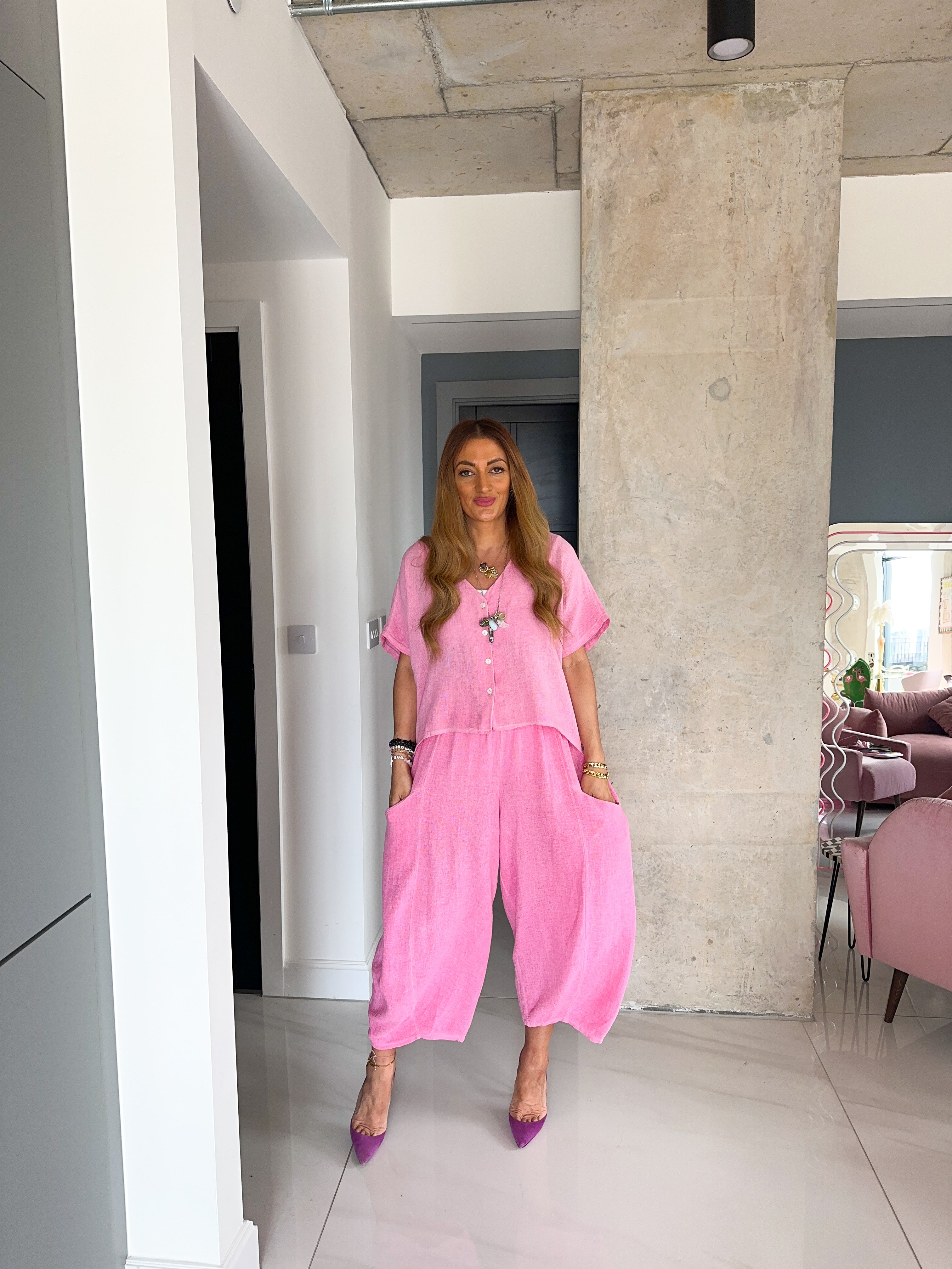 Linen Balloon Style Trousers In Candy Pink
