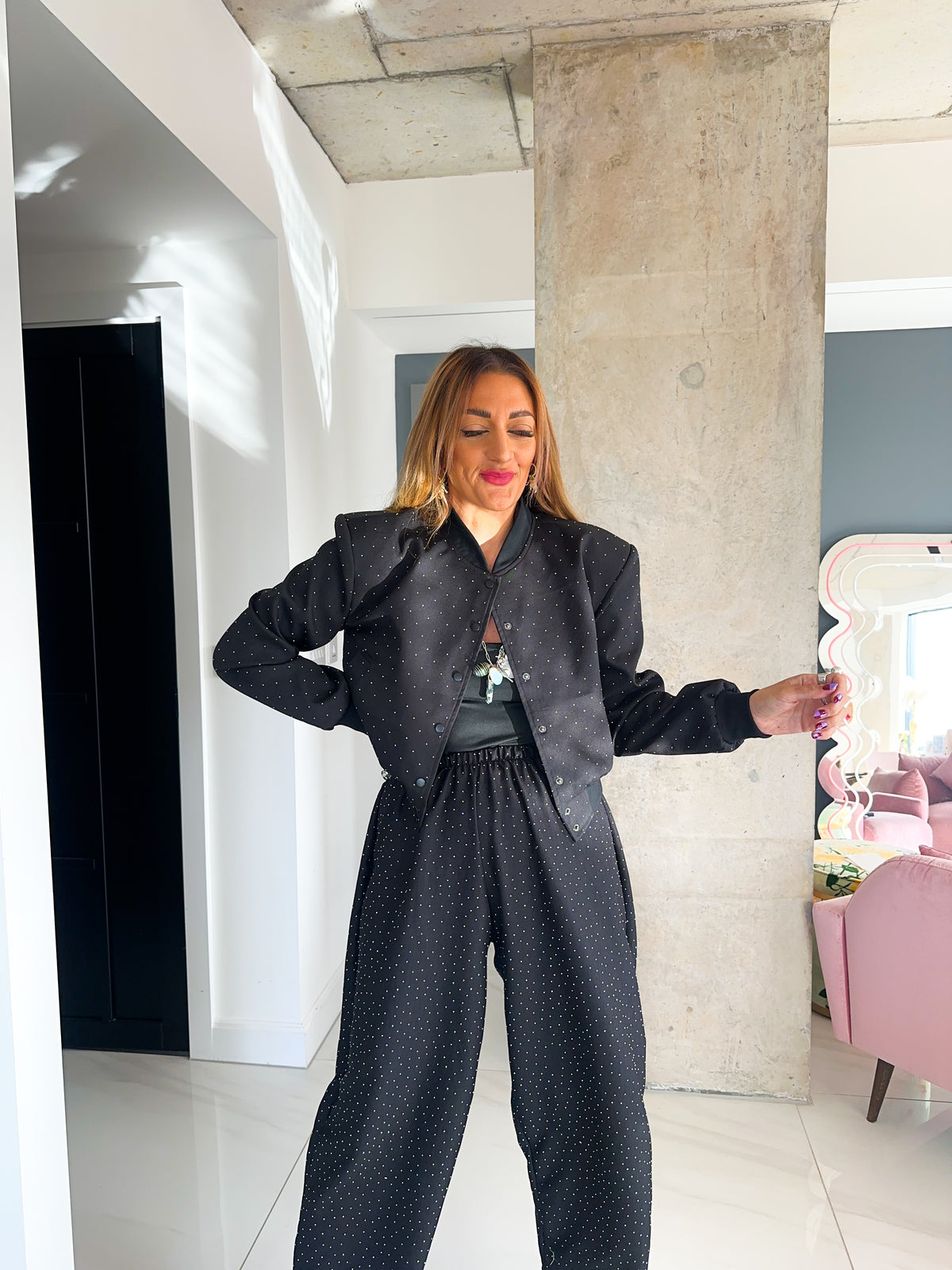 Core 0.2 Scattered Rhinestone Bomber Jacket In Black