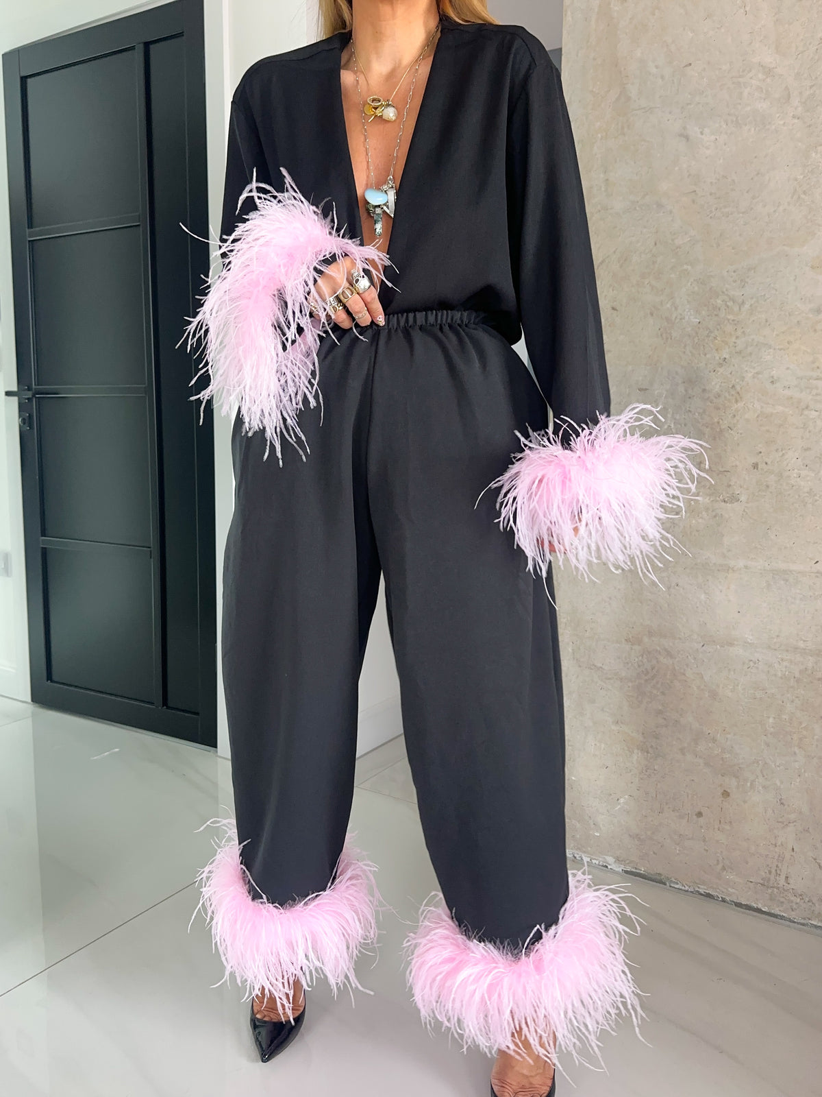 Pink Feather Hem Balloon Trousers In Black