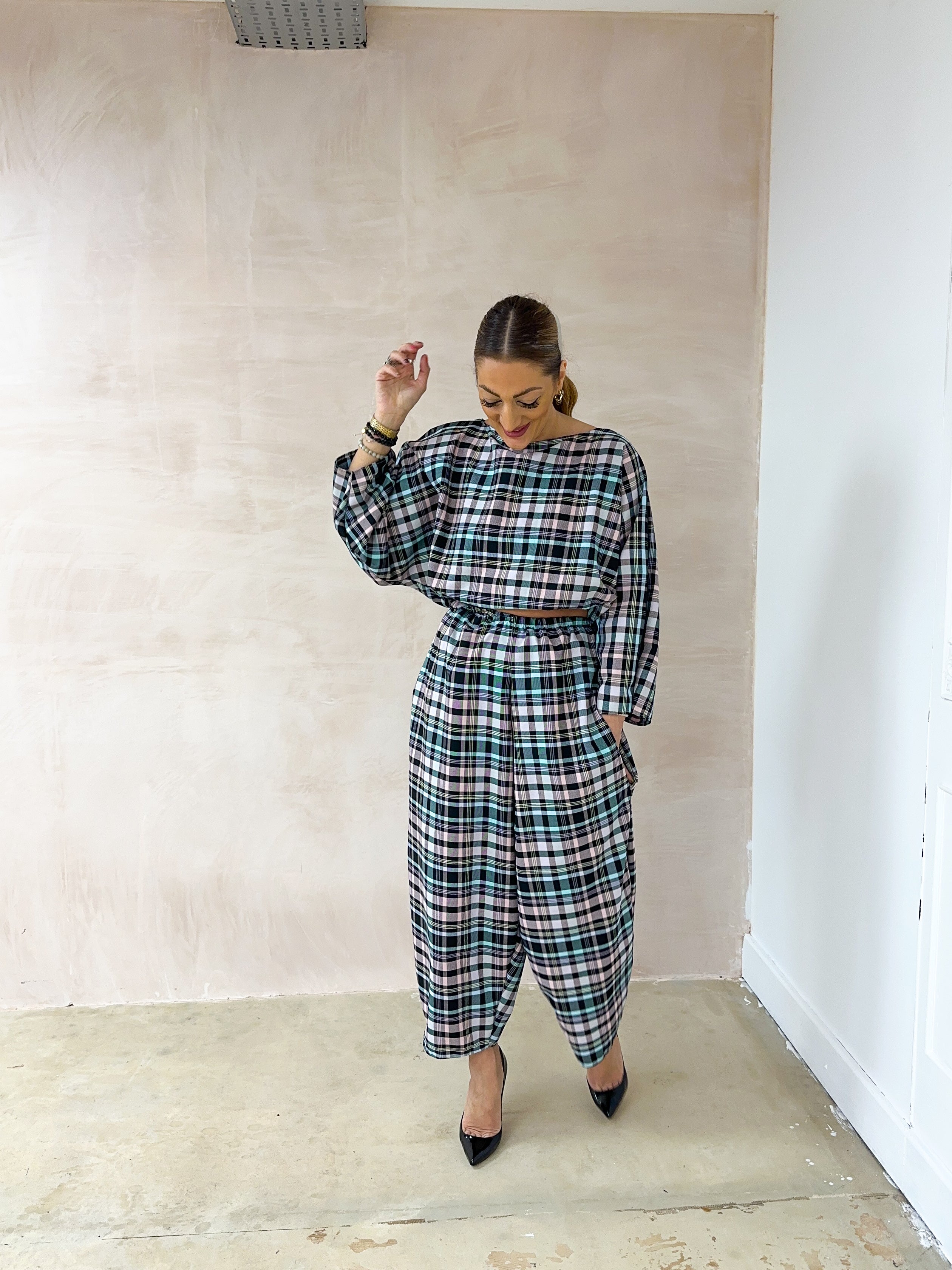 Muse Puff Sleeve Top In Colourful Pastel Tartan