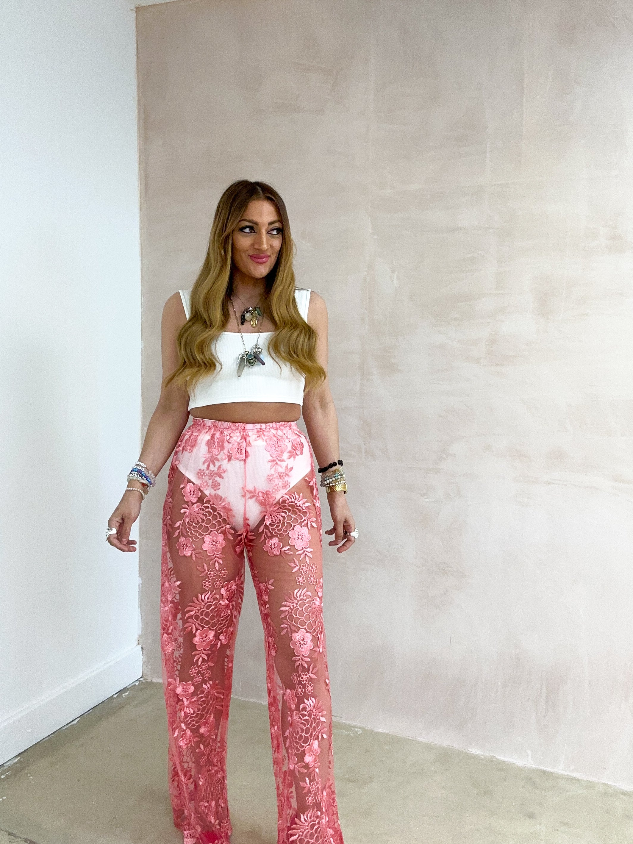 Wide Leg Floral Applique Lace Trousers In Rose Pink